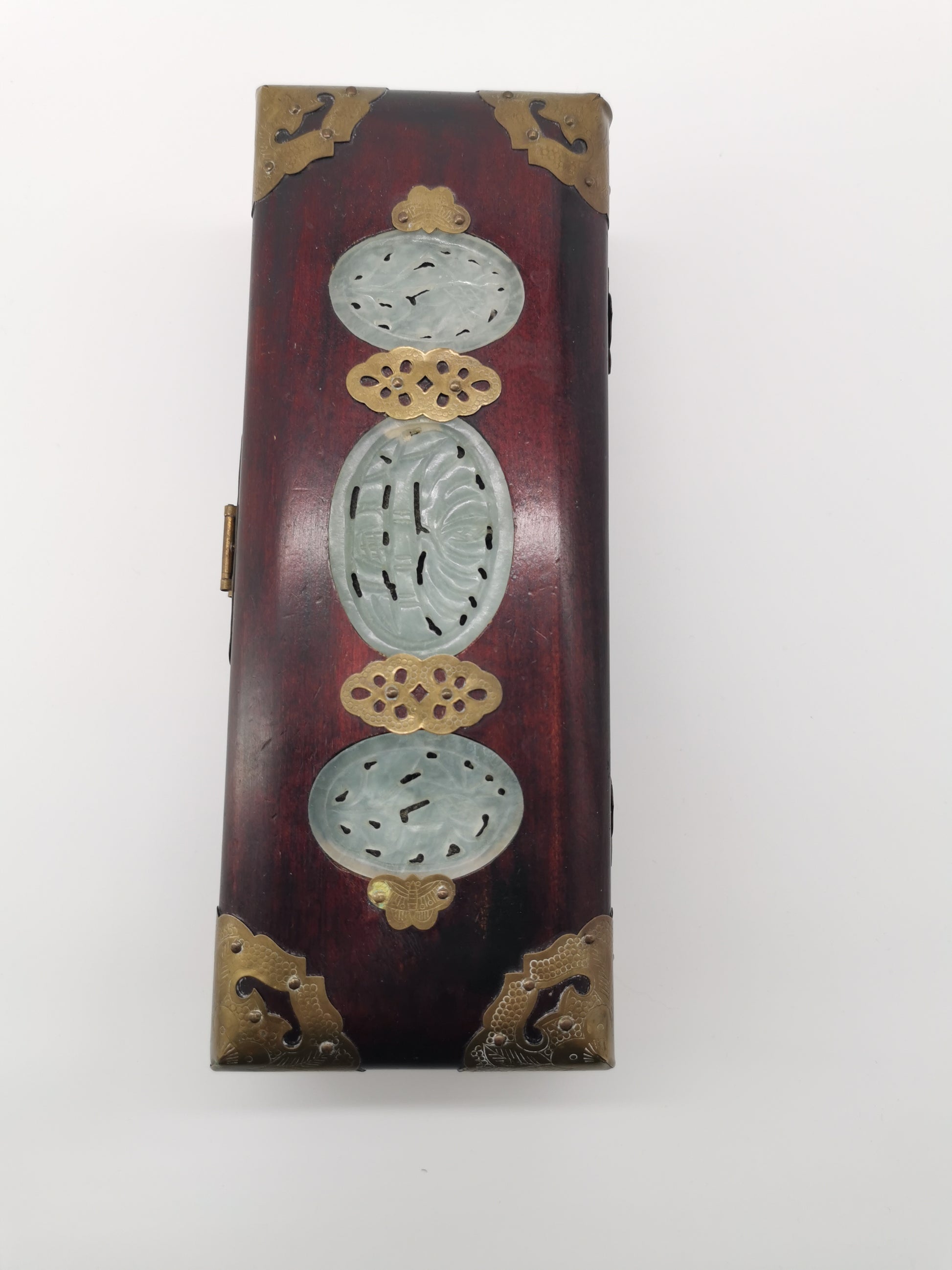 Chinese Wooden box with brass and jade