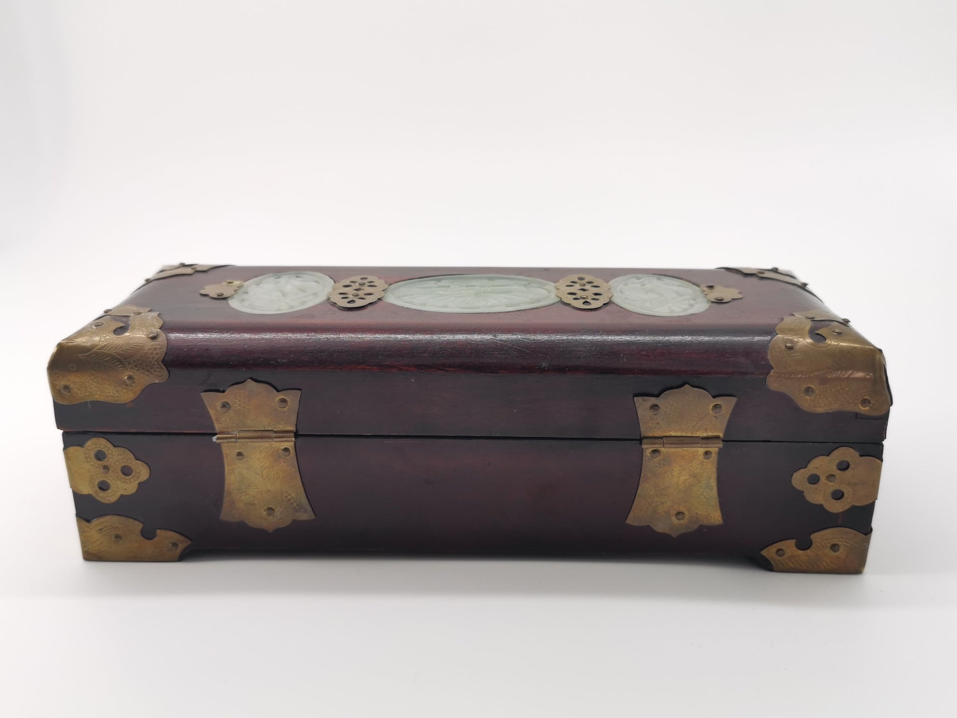 Chinese Wooden box with brass and jade