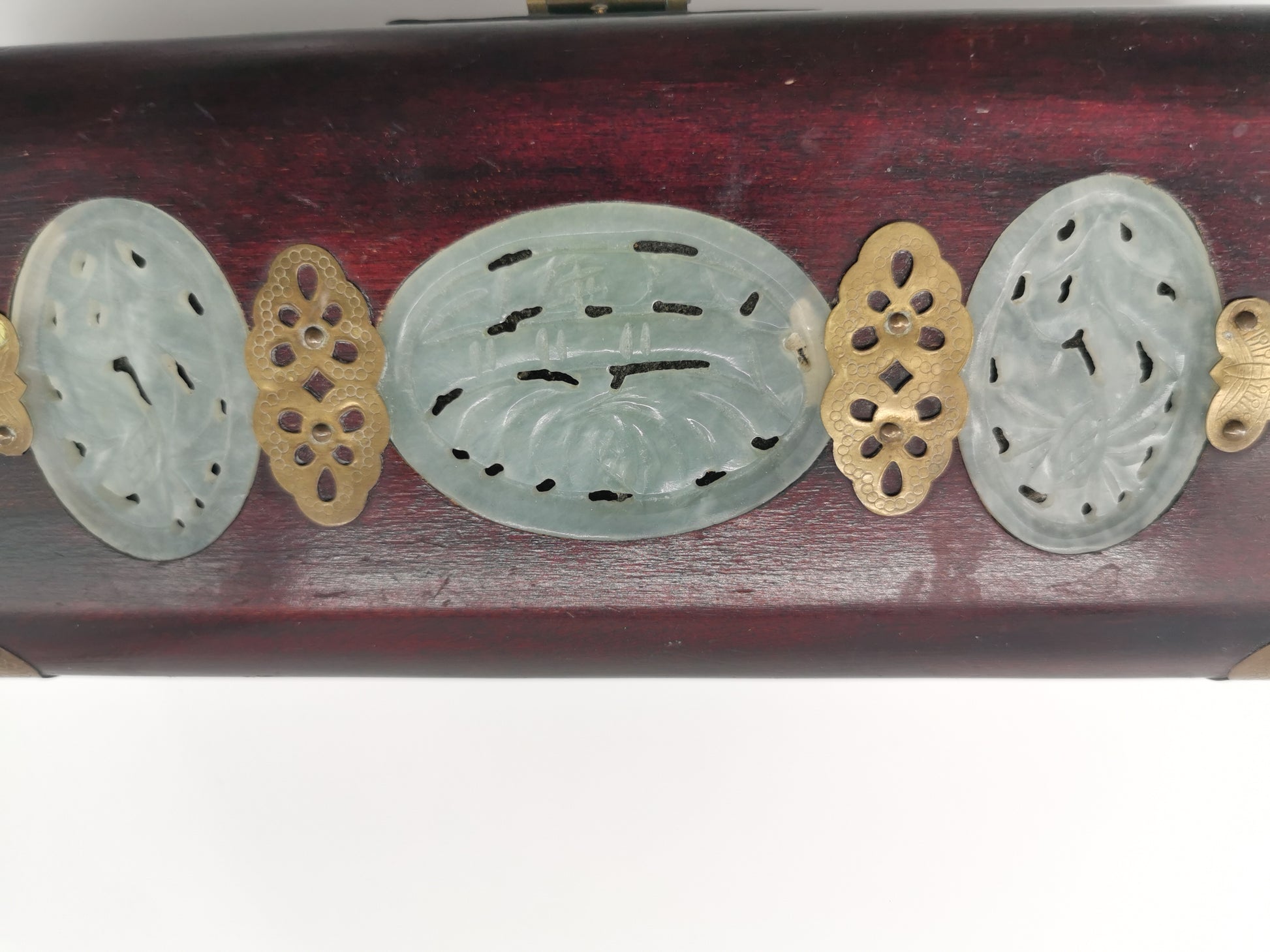 Chinese Wooden box with brass and jade