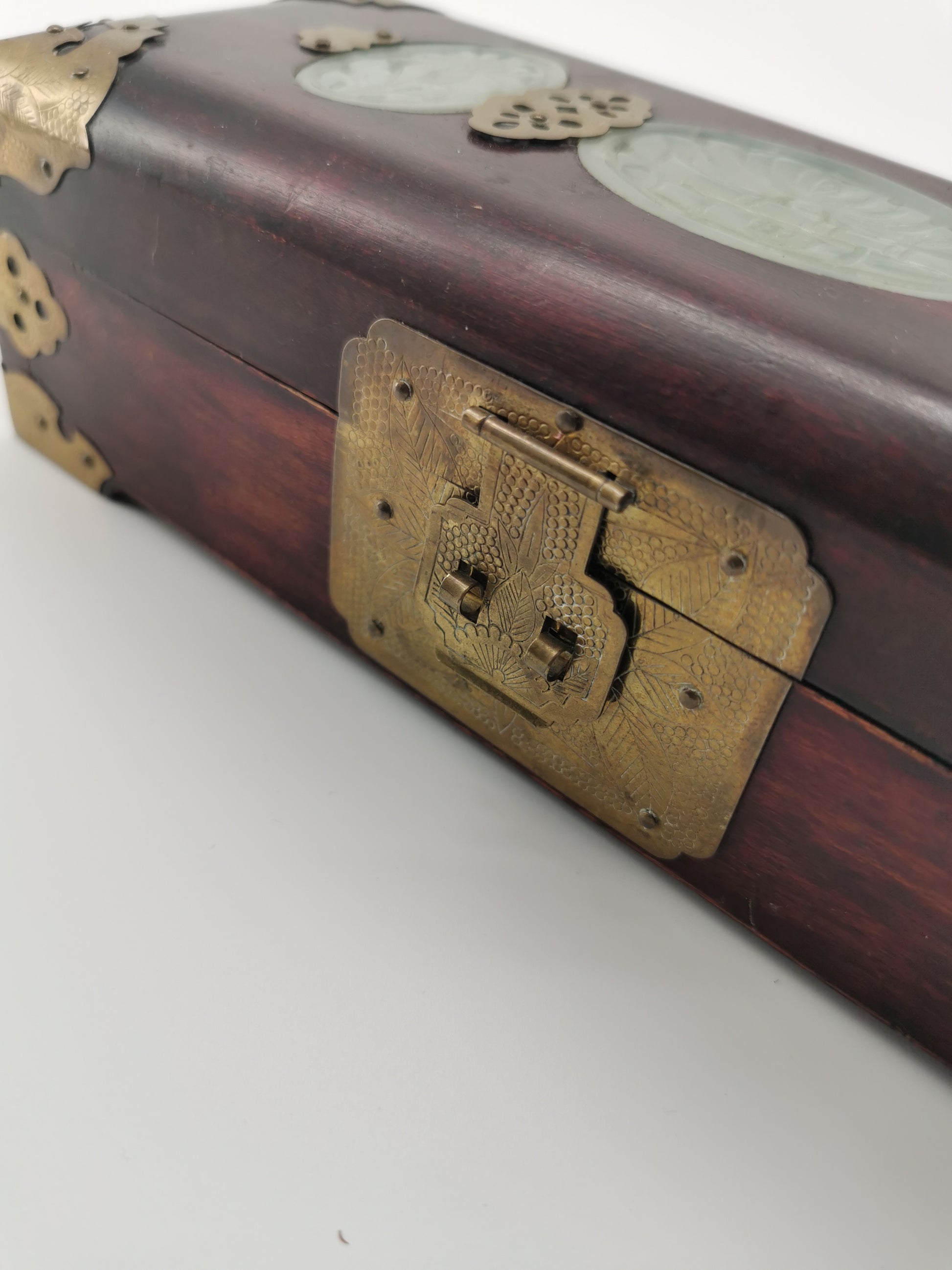 Chinese Wooden box with brass and jade