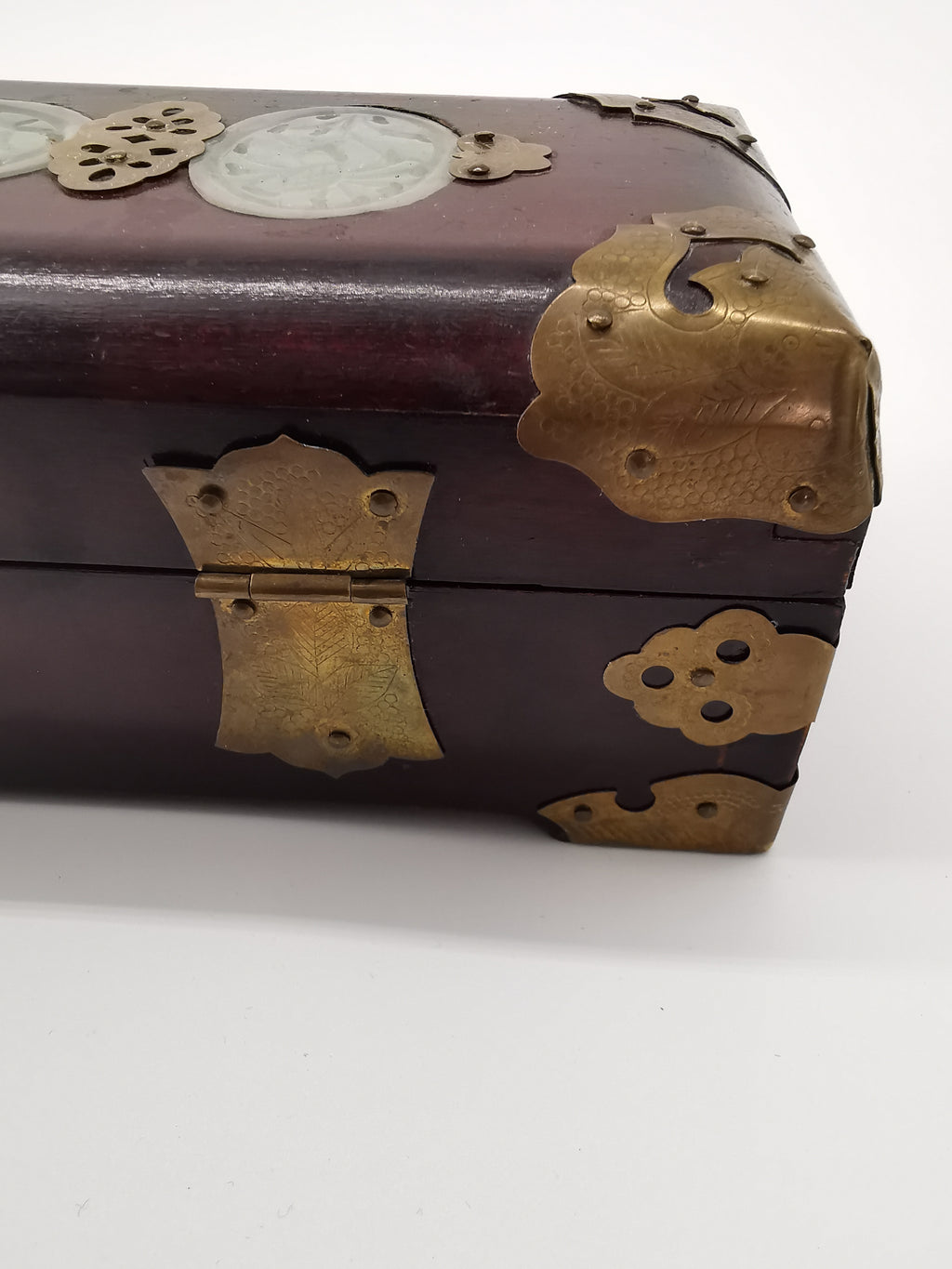 Chinese Wooden box with brass and jade