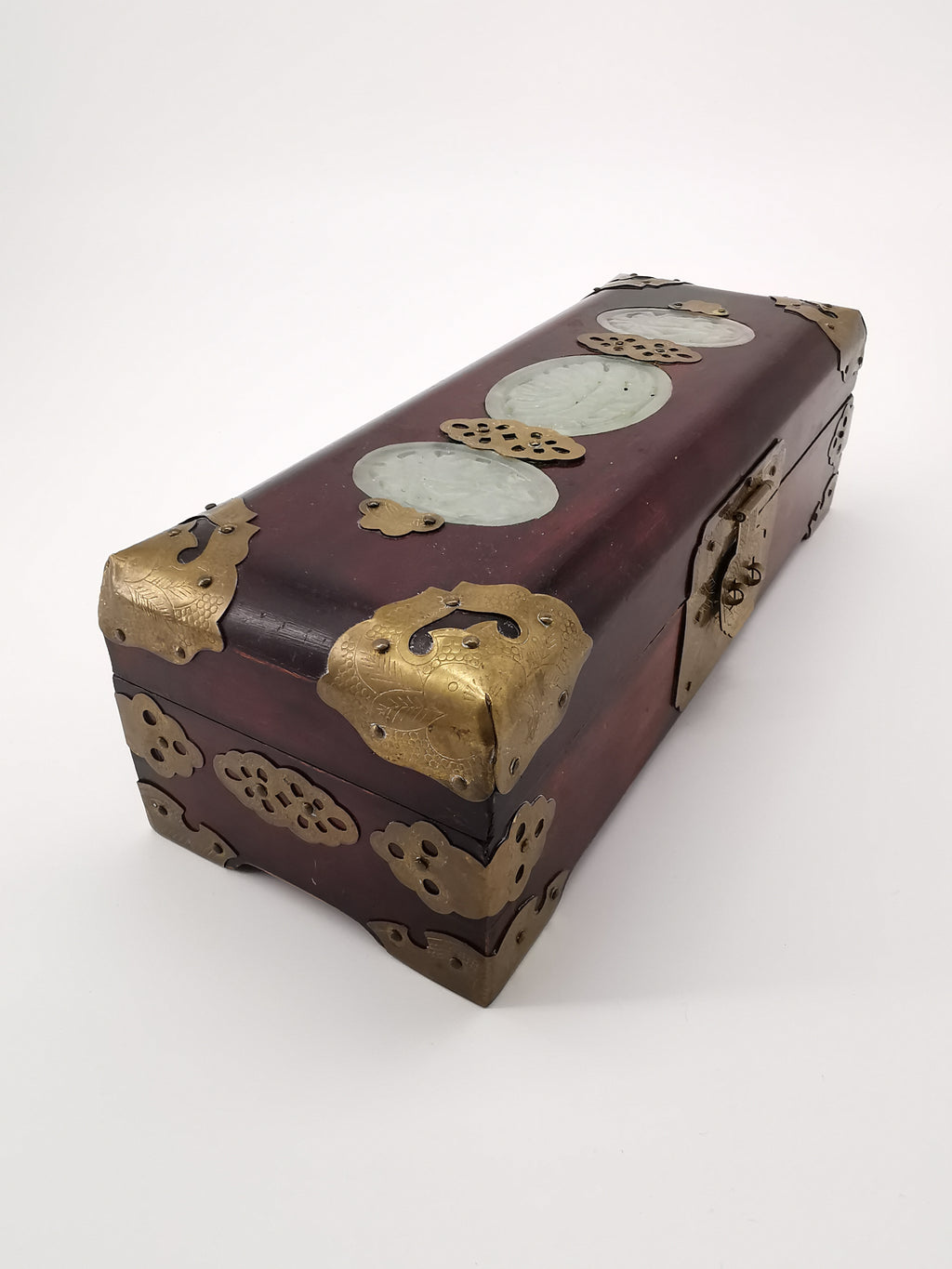 Chinese Wooden box with brass and jade