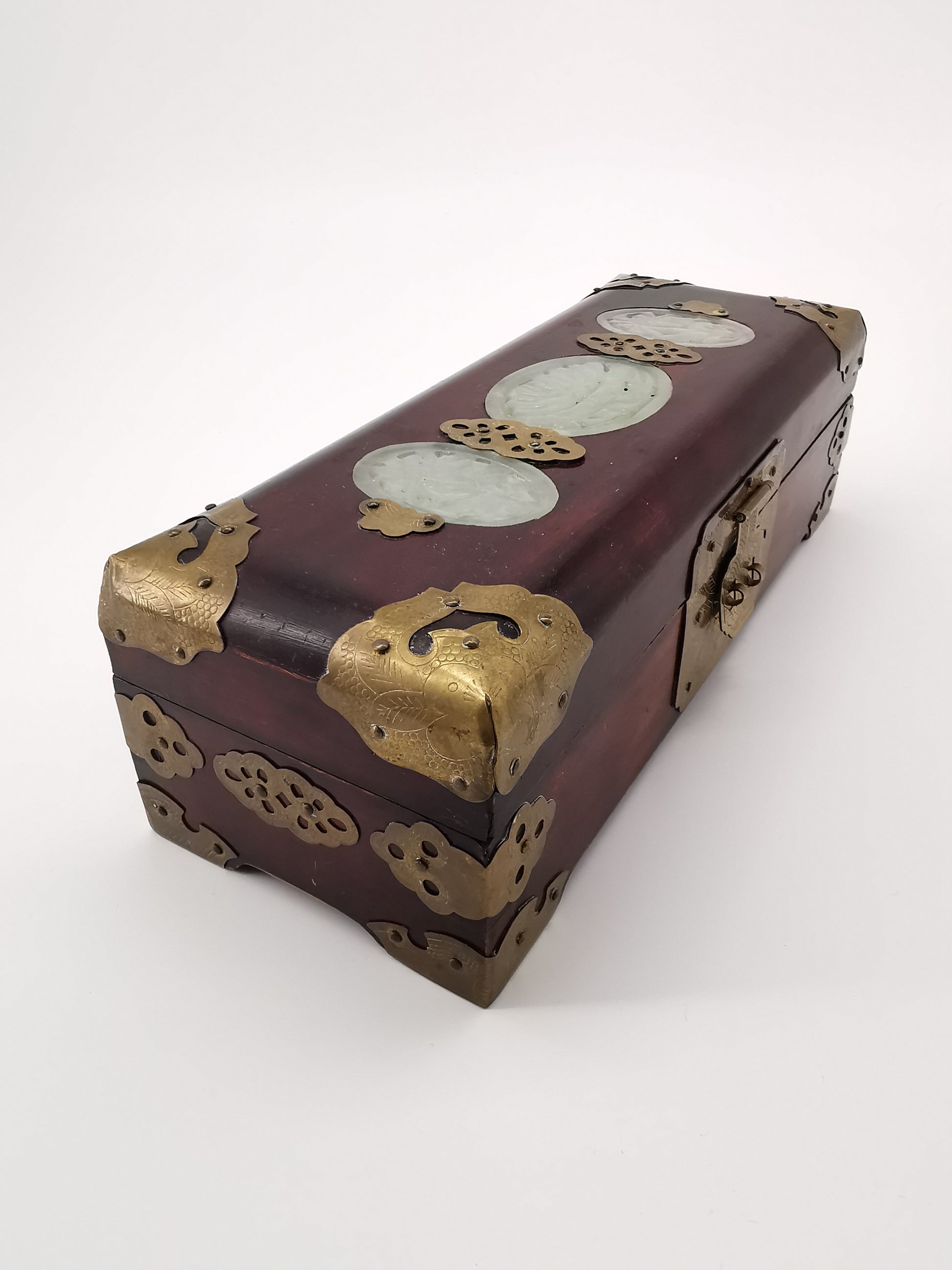 Chinese Wooden box with brass and jade