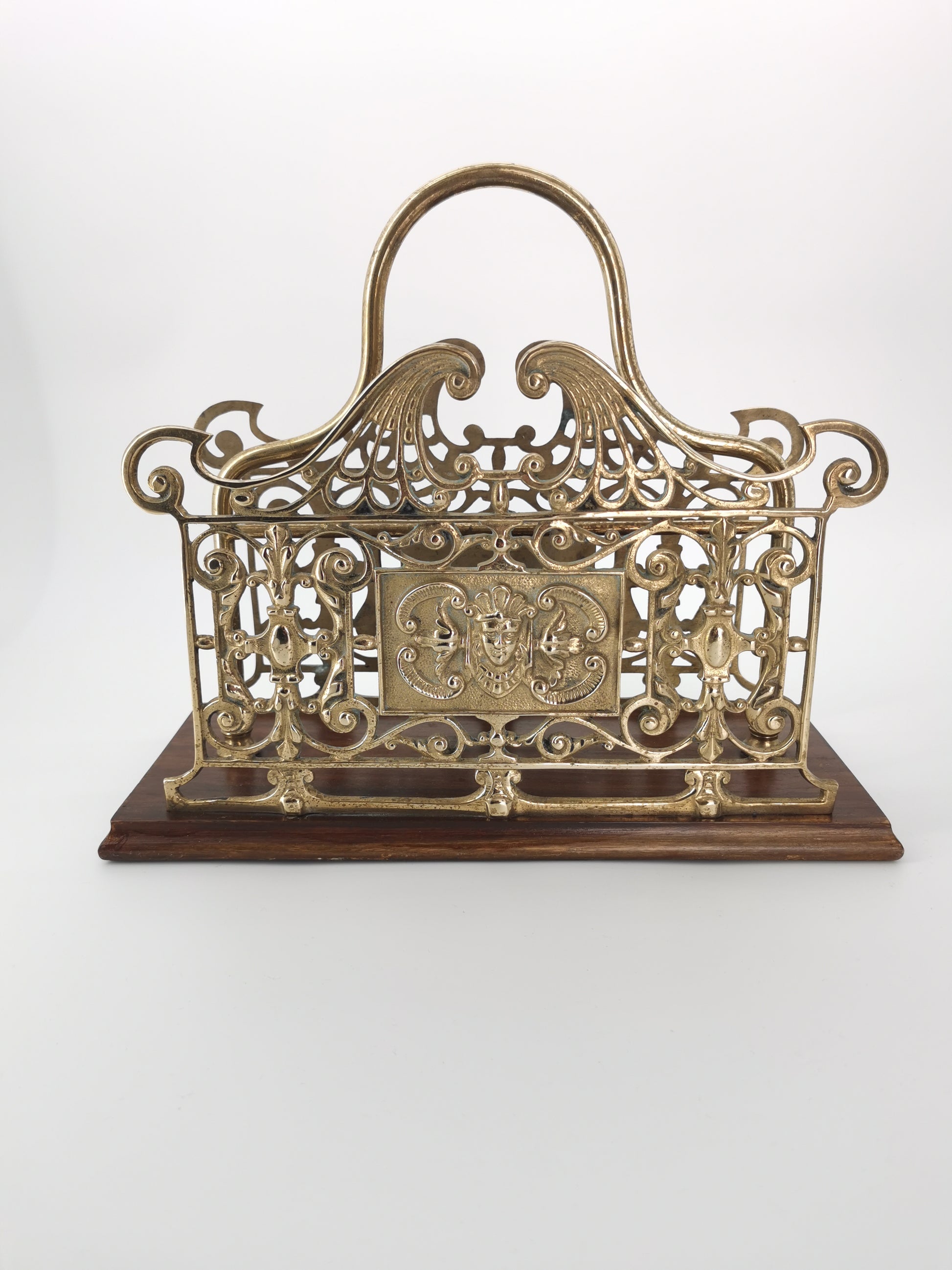 Antique Ornate Brass & Wood Magazine/Letter Rack Holder