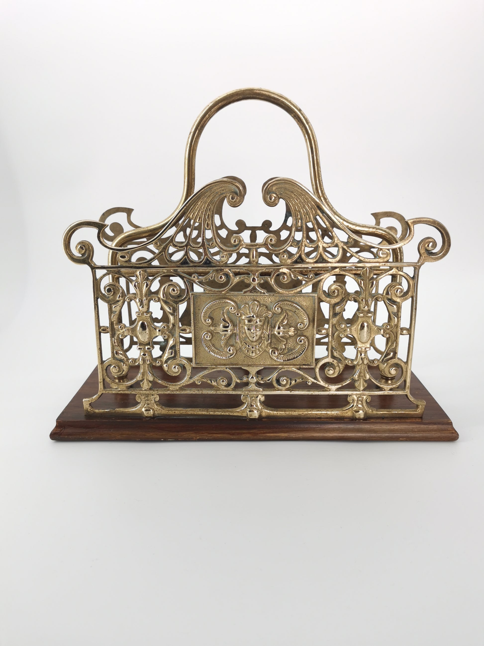Antique Ornate Brass & Wood Magazine/Letter Rack Holder