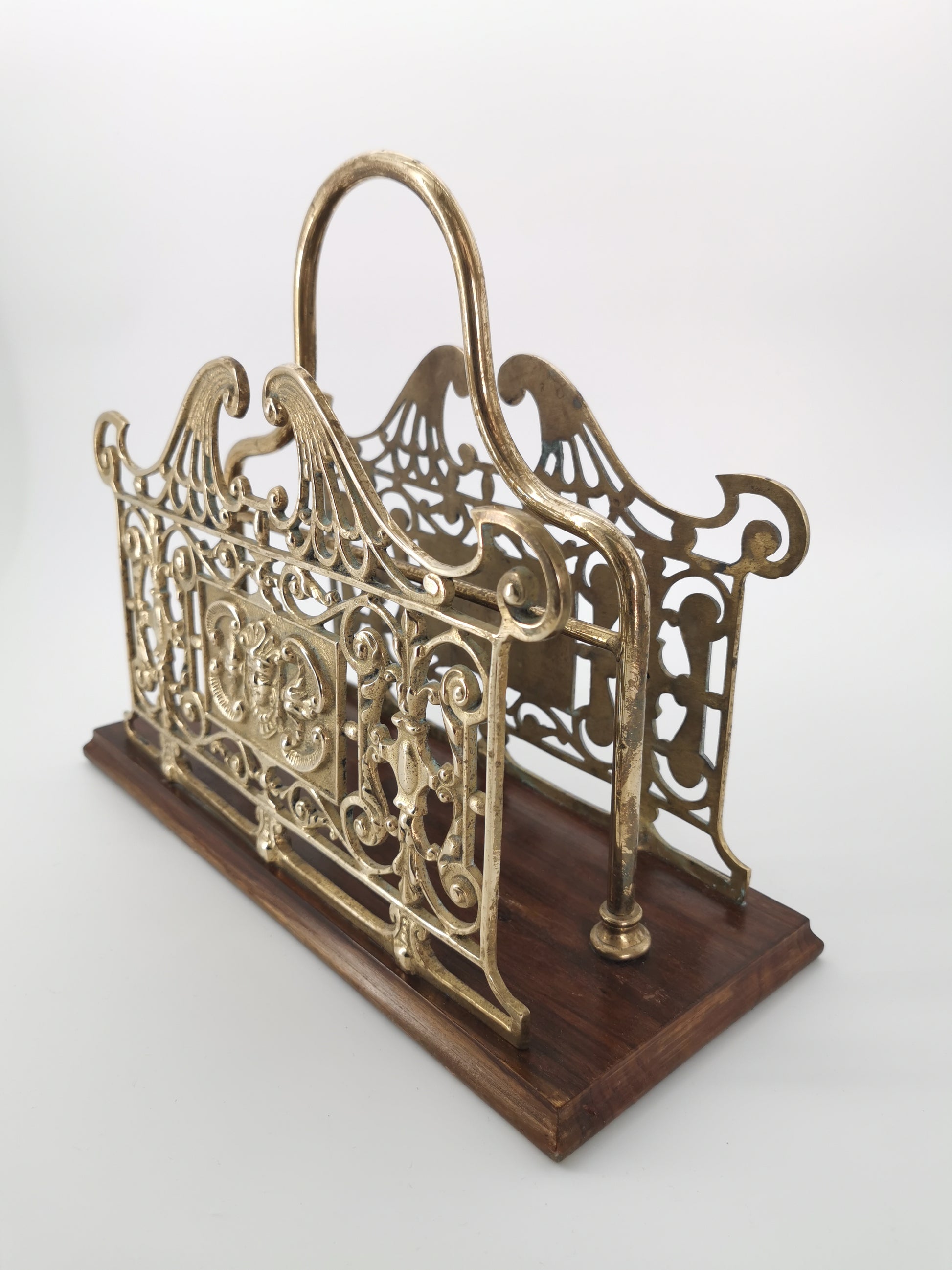 Antique Ornate Brass & Wood Magazine/Letter Rack Holder