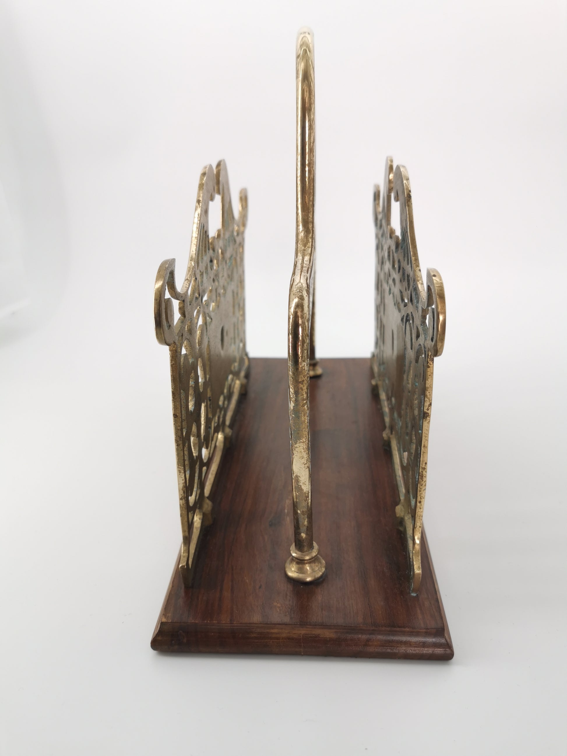 Antique Ornate Brass & Wood Magazine/Letter Rack Holder