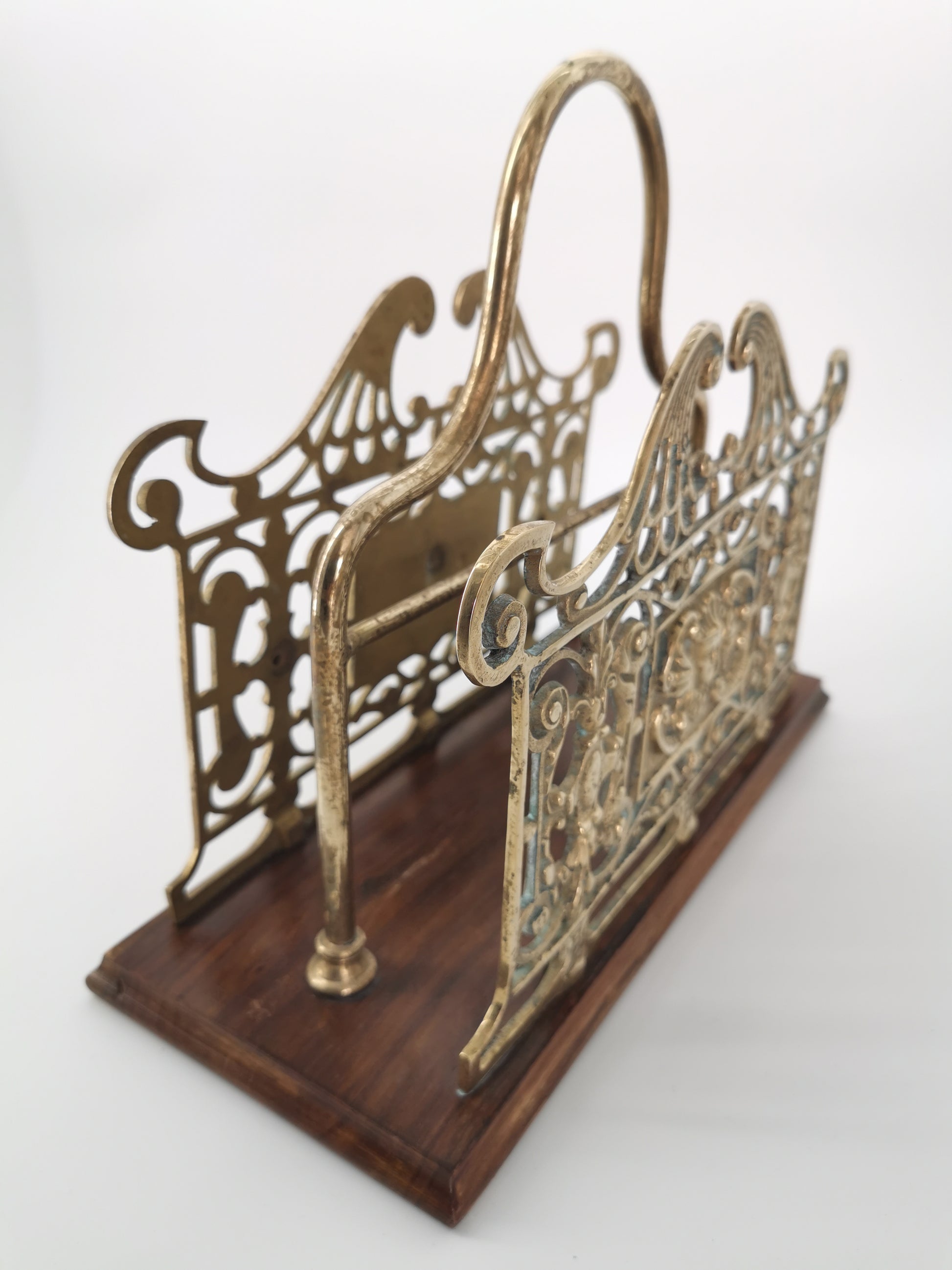Antique Ornate Brass & Wood Magazine/Letter Rack Holder