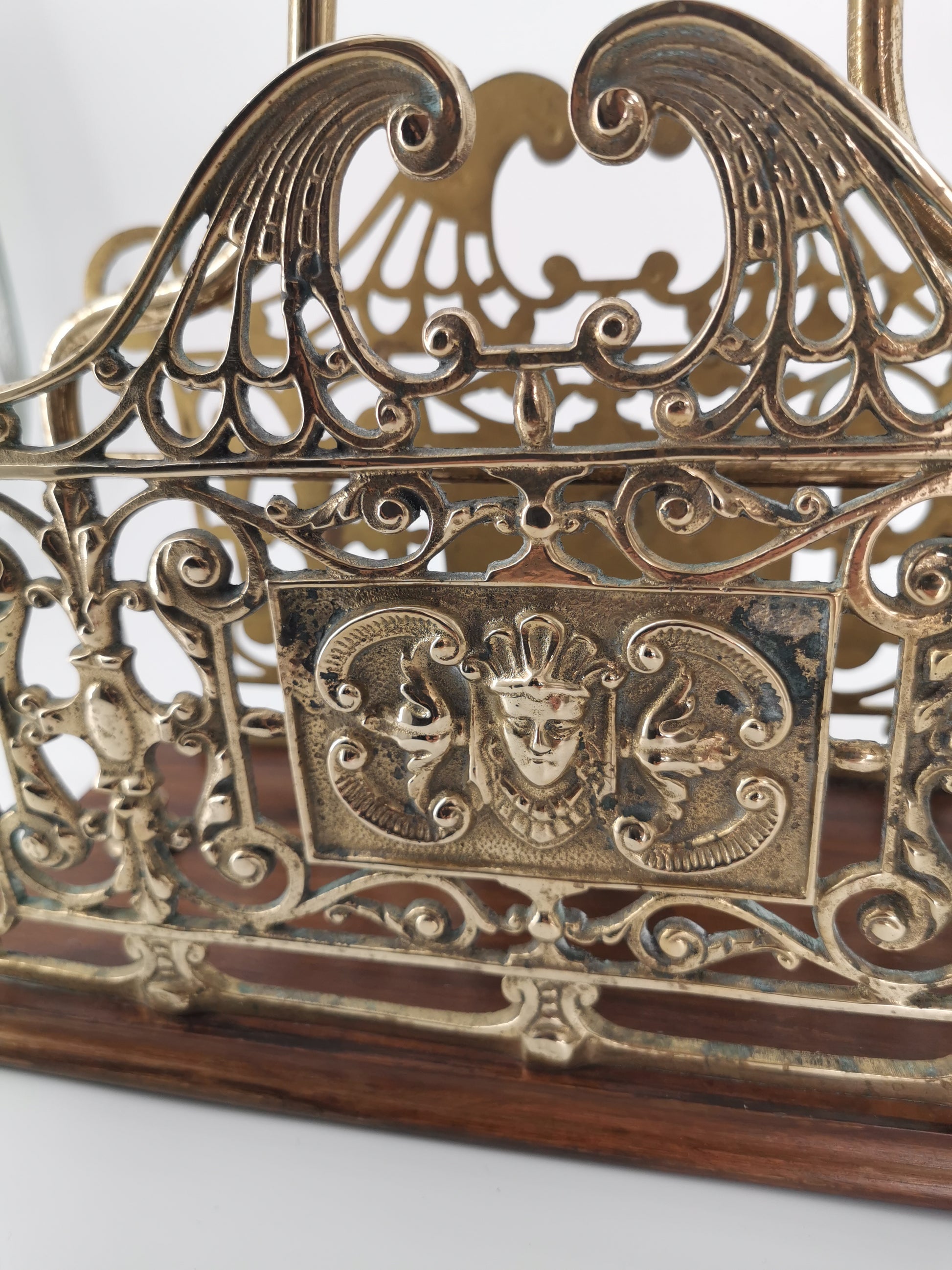 Antique Ornate Brass & Wood Magazine/Letter Rack Holder
