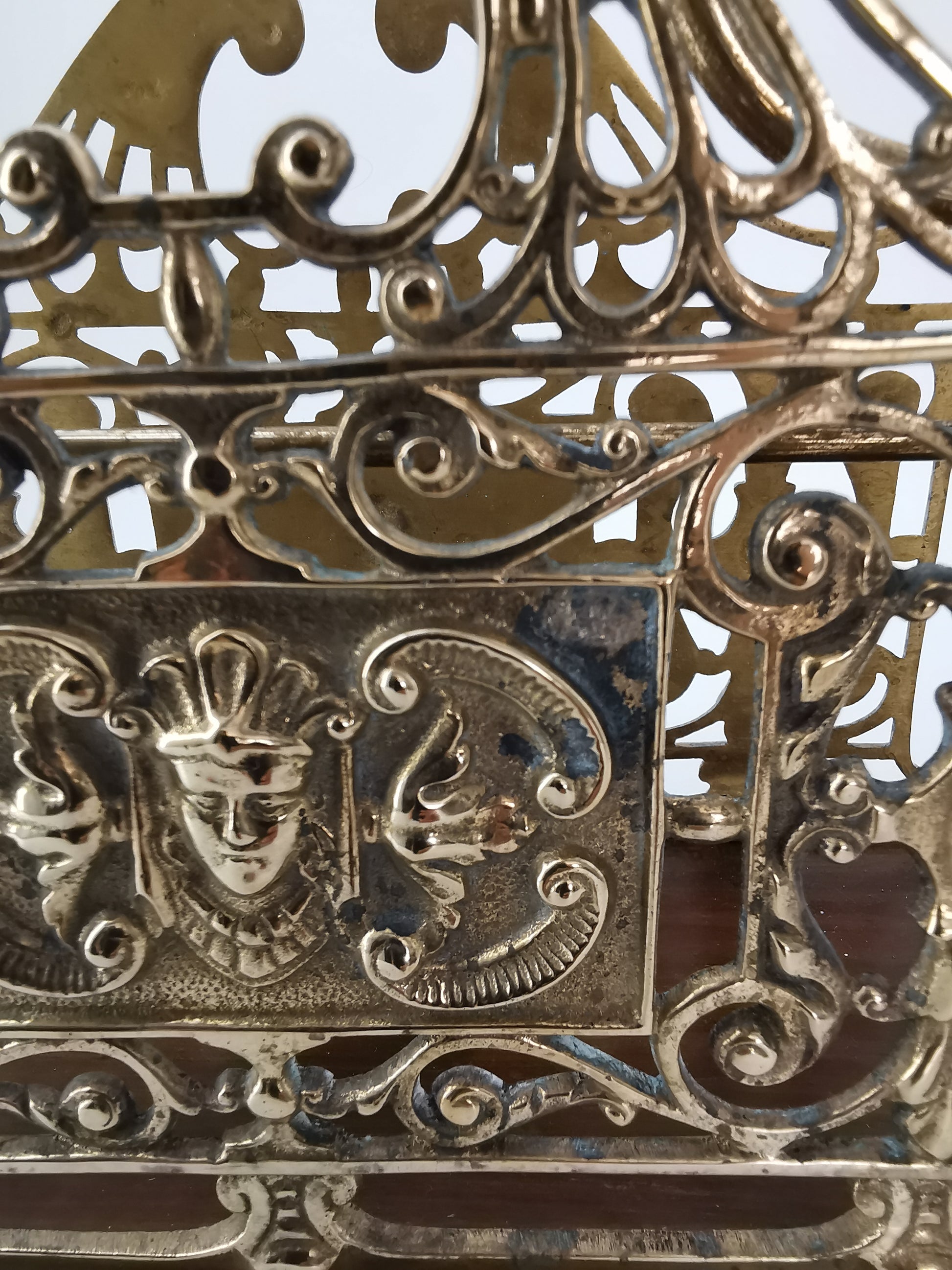 Antique Ornate Brass & Wood Magazine/Letter Rack Holder