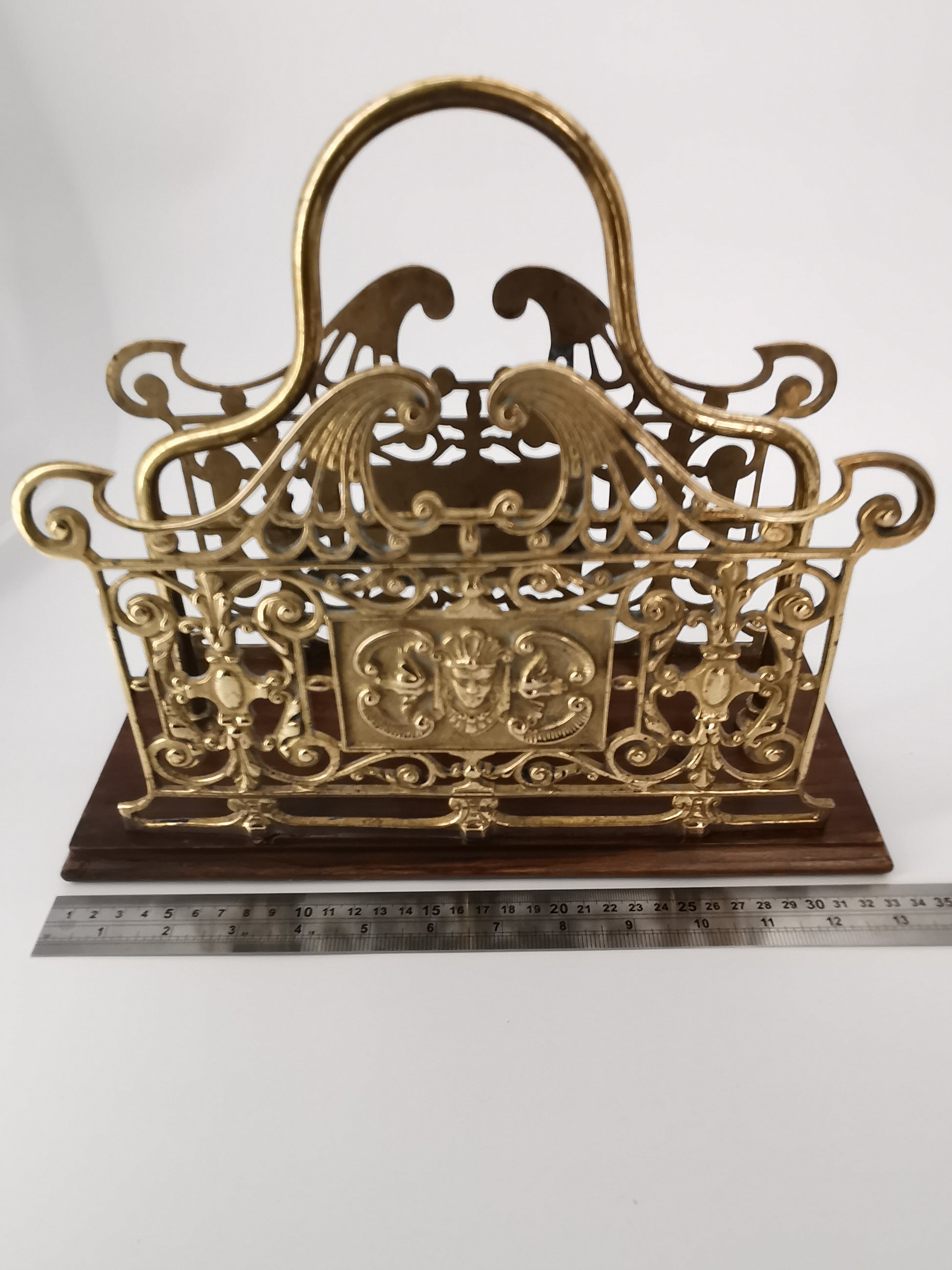 Antique Ornate Brass & Wood Magazine/Letter Rack Holder