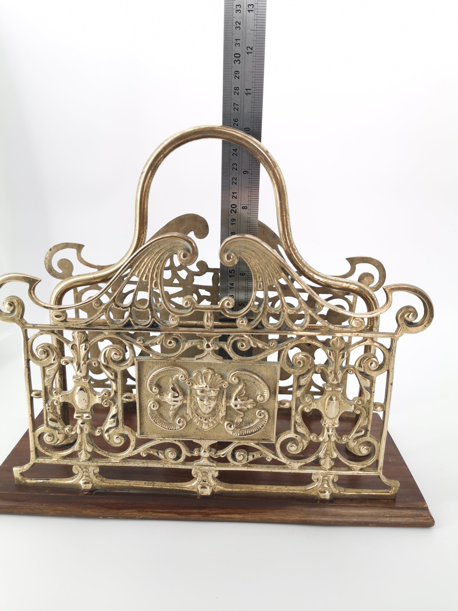 Antique Ornate Brass & Wood Magazine/Letter Rack Holder
