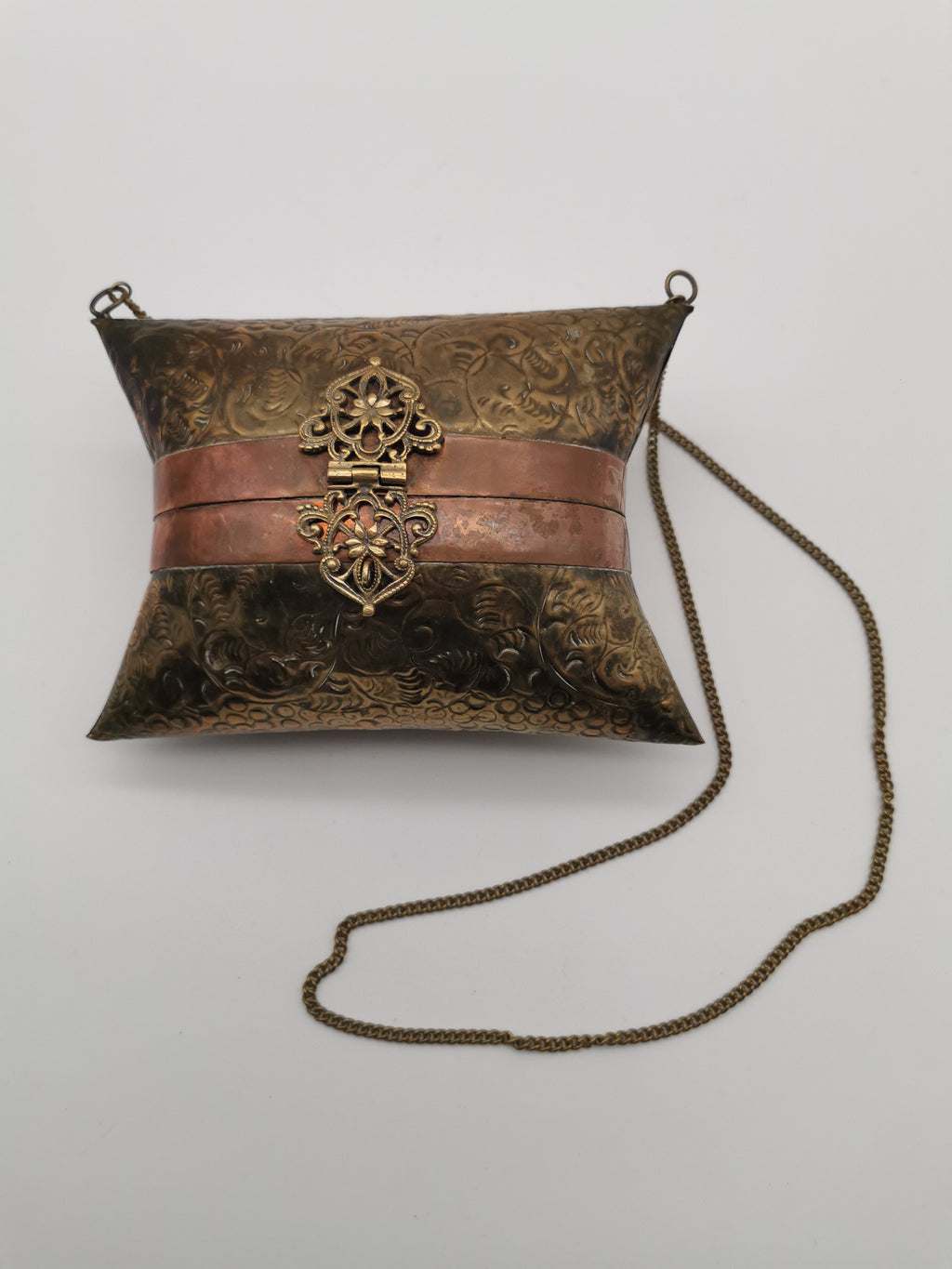 Vintage Brass & Copper Pillow Shoulder Purse, Embossed Bag, Blue Lining