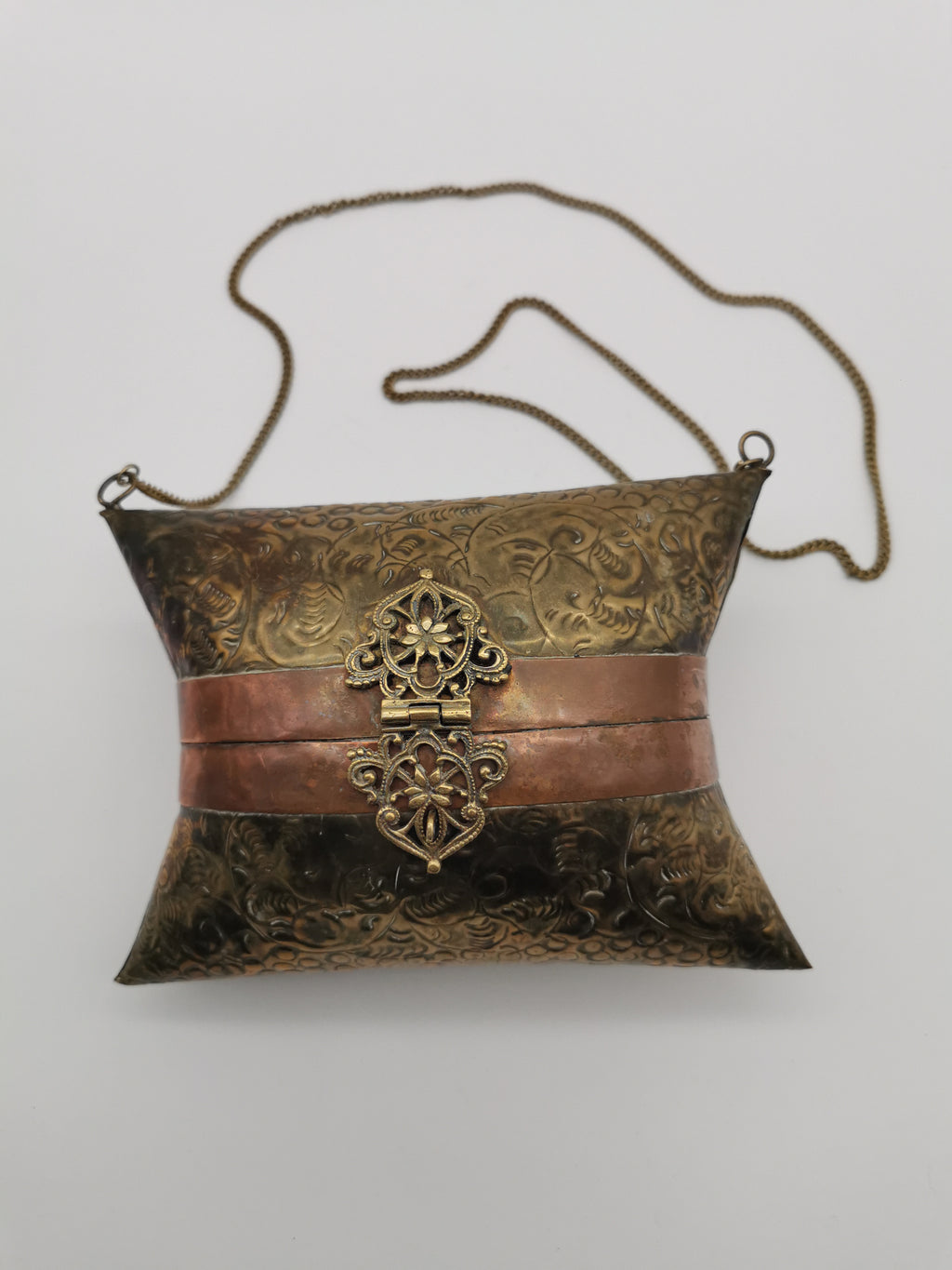 Vintage Brass & Copper Pillow Shoulder Purse, Embossed Bag, Blue Lining
