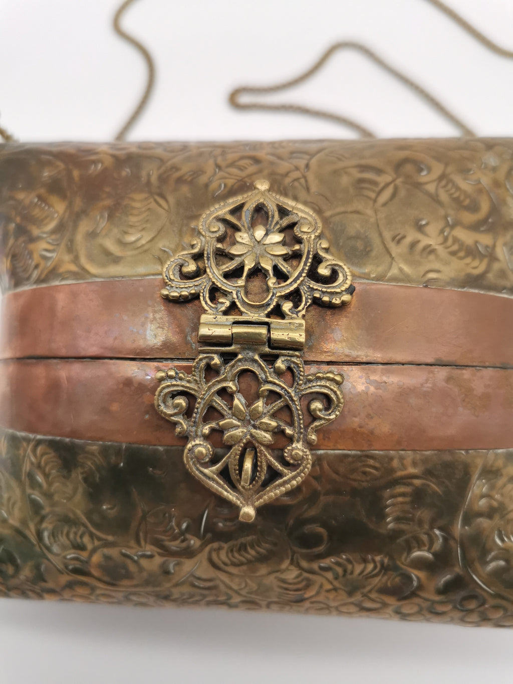 Vintage Brass & Copper Pillow Shoulder Purse, Embossed Bag, Blue Lining