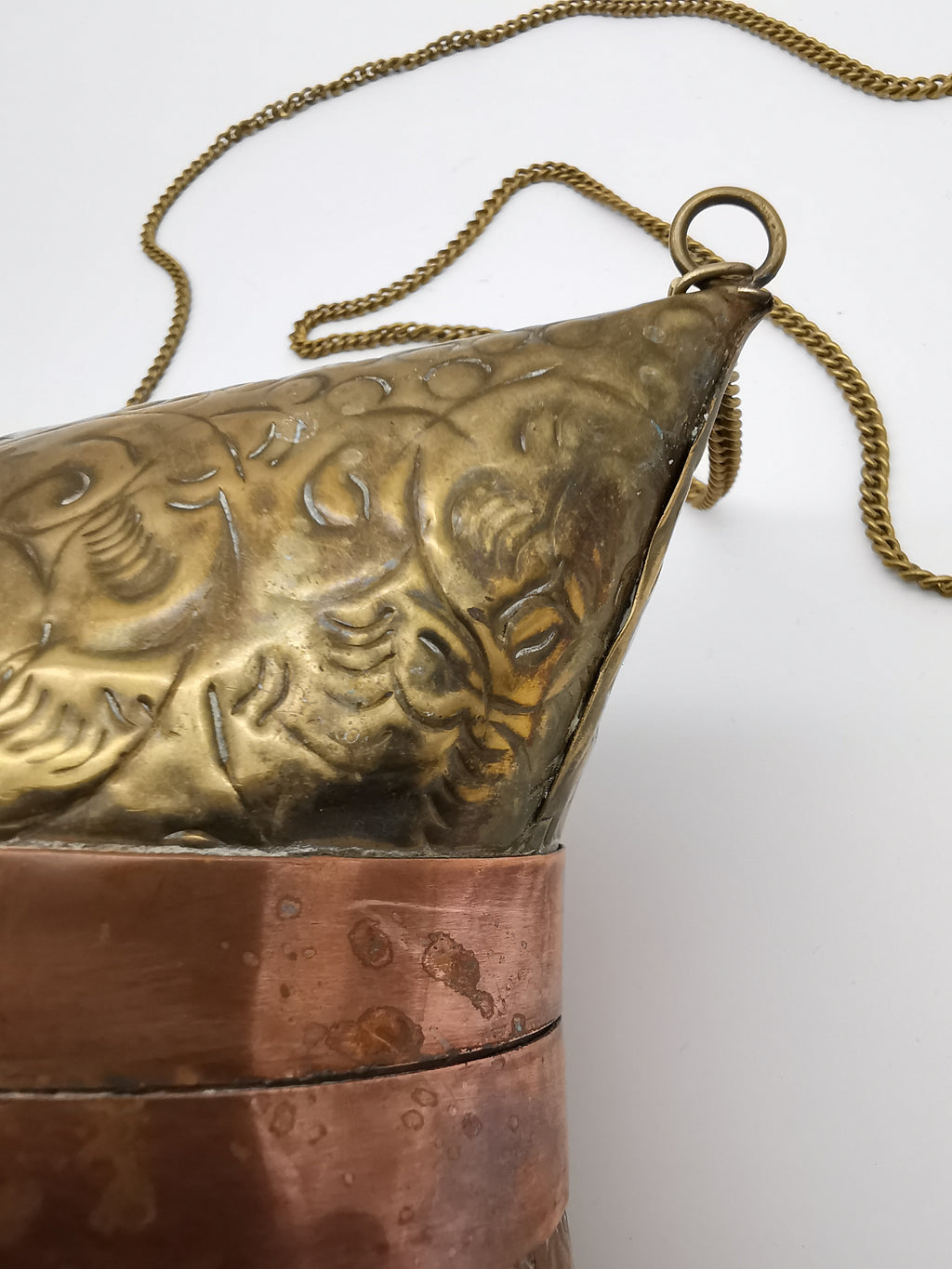 Vintage Brass & Copper Pillow Shoulder Purse, Embossed Bag, Blue Lining