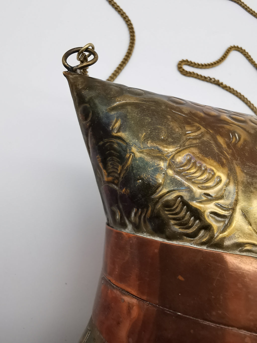 Vintage Brass & Copper Pillow Shoulder Purse, Embossed Bag, Blue Lining