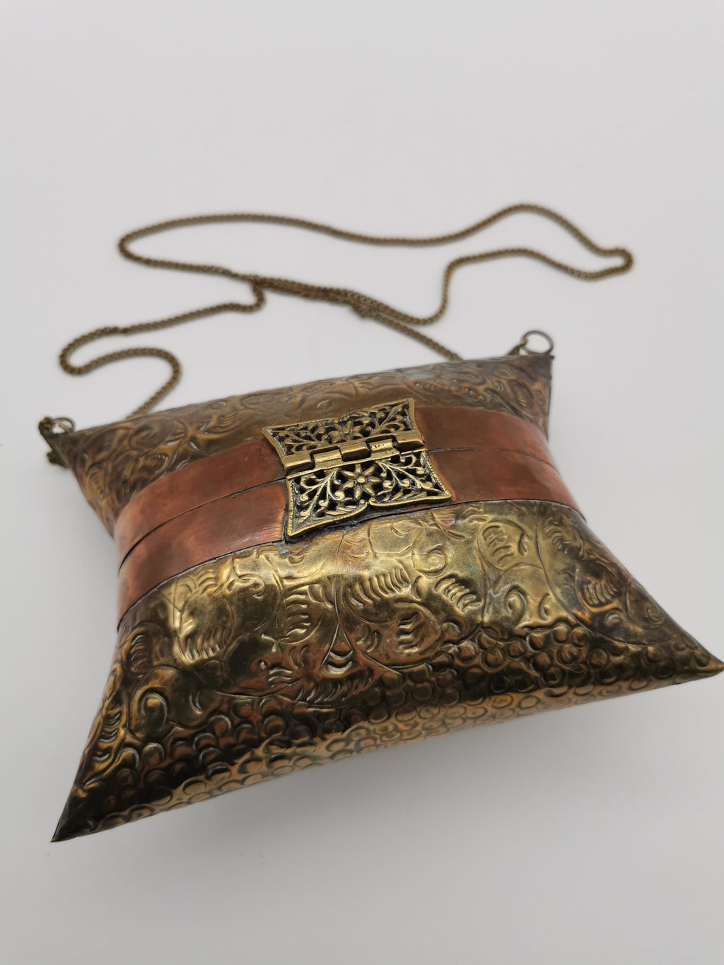 Vintage Brass & Copper Pillow Shoulder Purse, Embossed Bag, Blue Lining