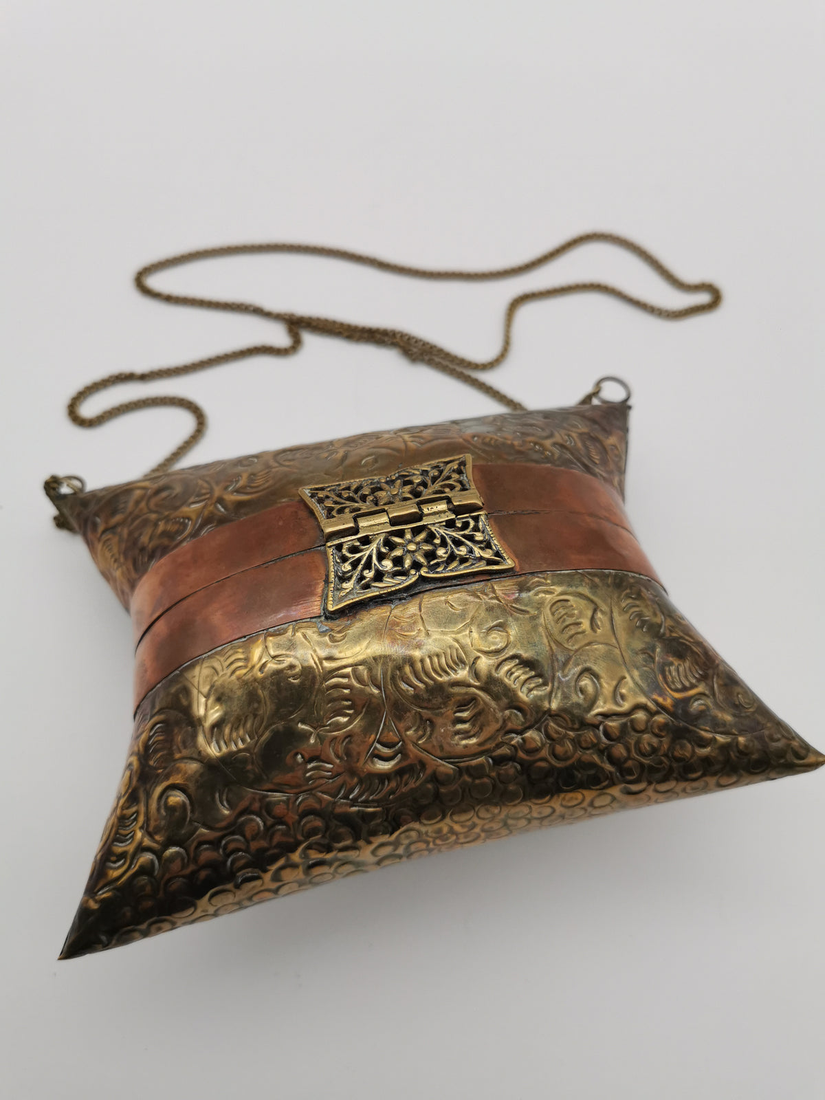 Vintage Brass & Copper Pillow Shoulder Purse, Embossed Bag, Blue Lining