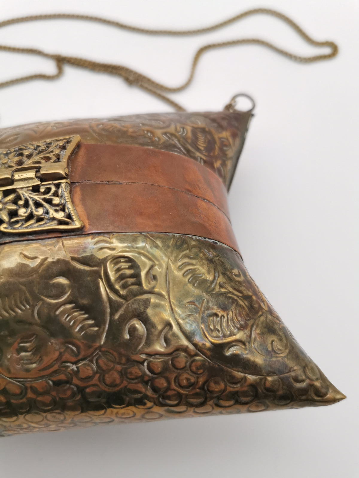 Vintage Brass & Copper Pillow Shoulder Purse, Embossed Bag, Blue Lining