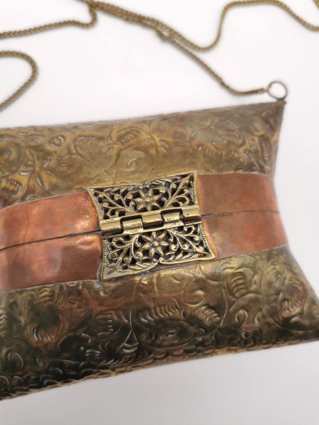 Vintage Brass & Copper Pillow Shoulder Purse, Embossed Bag, Blue Lining