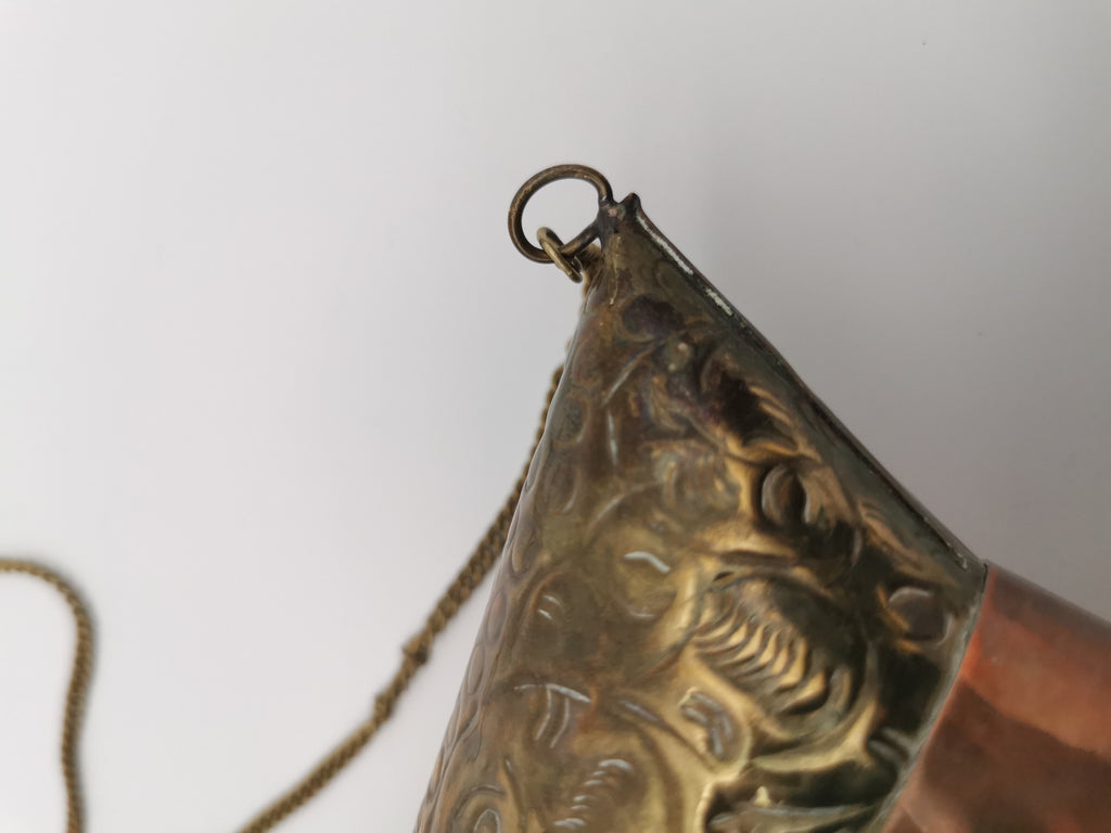Vintage Brass & Copper Pillow Shoulder Purse, Embossed Bag, Blue Lining