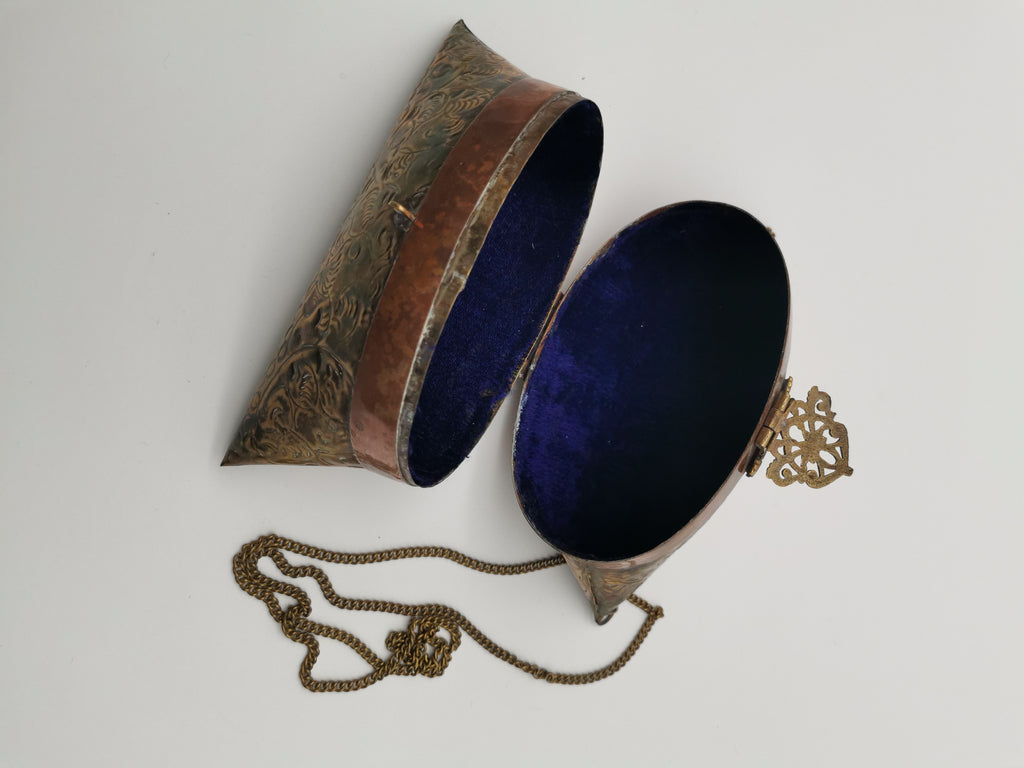 Vintage Brass & Copper Pillow Shoulder Purse, Embossed Bag, Blue Lining