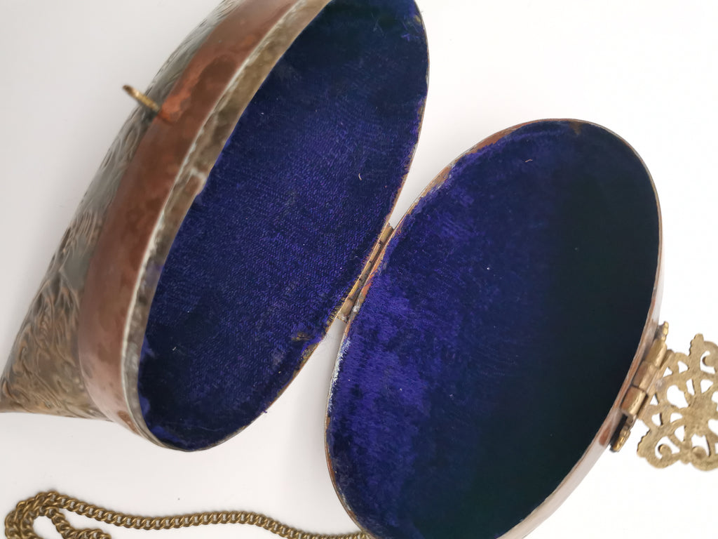 Vintage Brass & Copper Pillow Shoulder Purse, Embossed Bag, Blue Lining