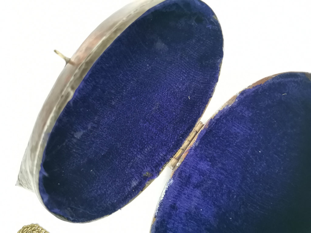 Vintage Brass & Copper Pillow Shoulder Purse, Embossed Bag, Blue Lining