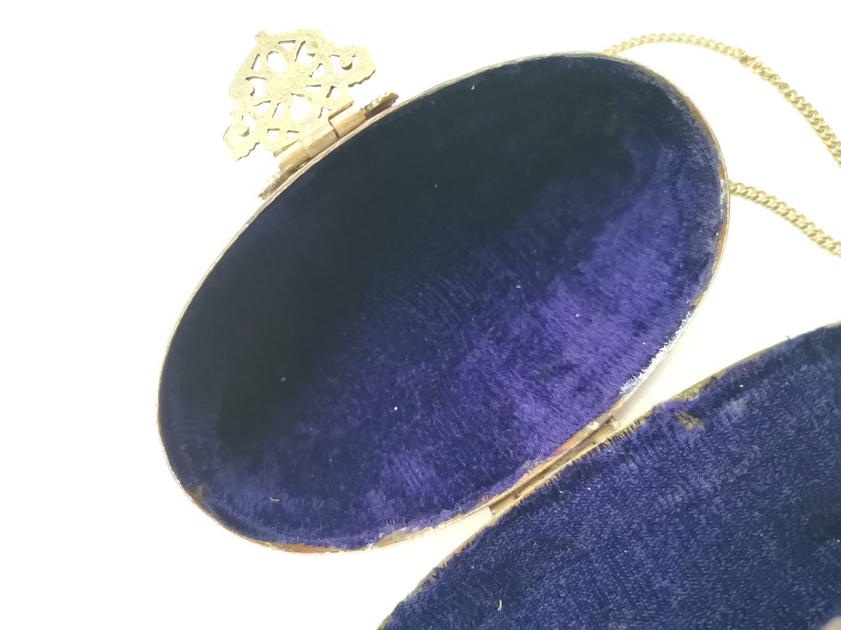 Vintage Brass & Copper Pillow Shoulder Purse, Embossed Bag, Blue Lining
