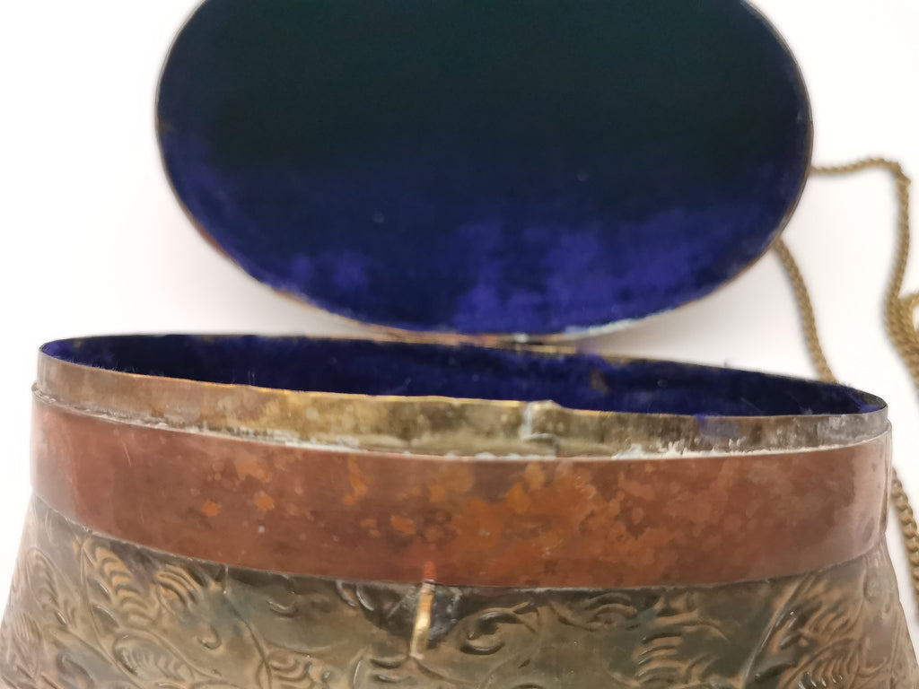 Vintage Brass & Copper Pillow Shoulder Purse, Embossed Bag, Blue Lining