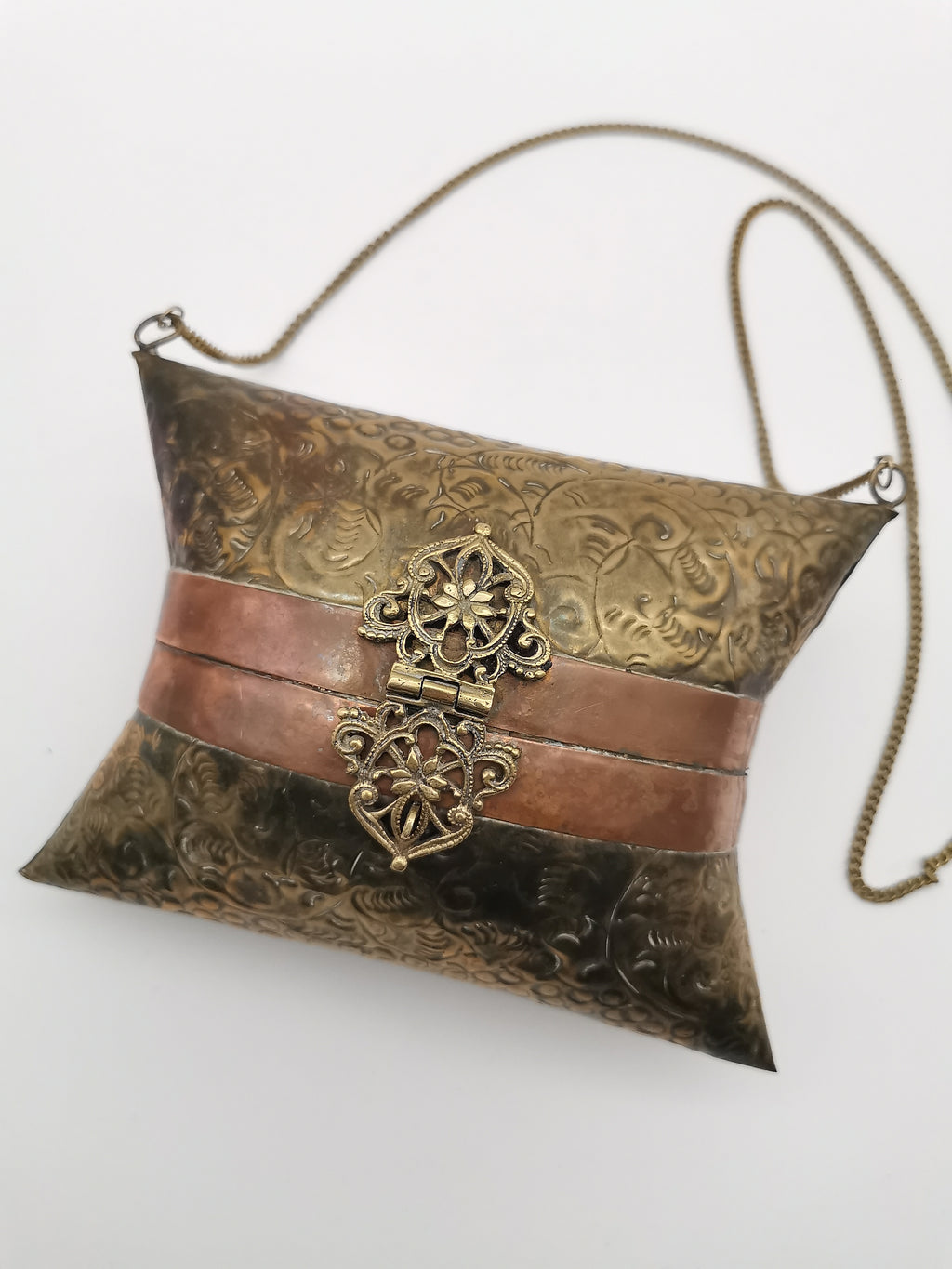 Vintage Brass & Copper Pillow Shoulder Purse, Embossed Bag, Blue Lining