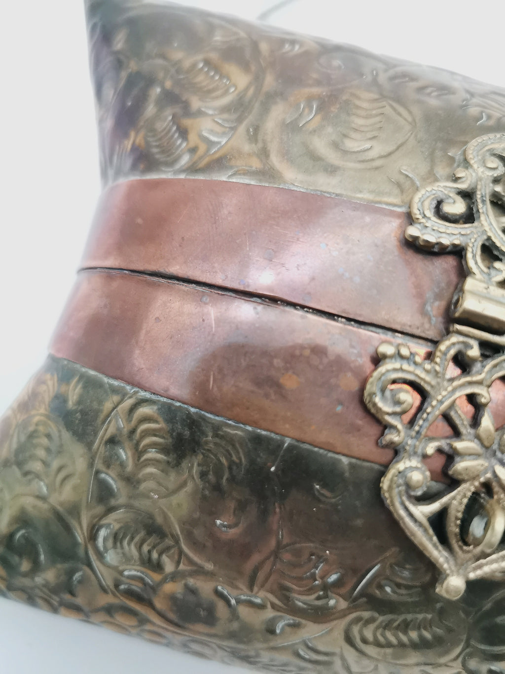Vintage Brass & Copper Pillow Shoulder Purse, Embossed Bag, Blue Lining