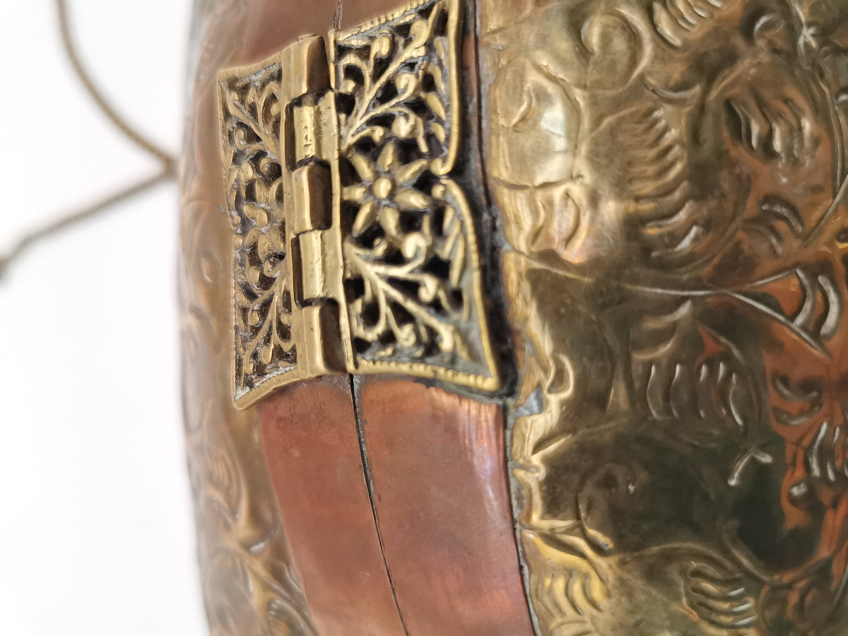 Vintage Brass & Copper Pillow Shoulder Purse, Embossed Bag, Blue Lining