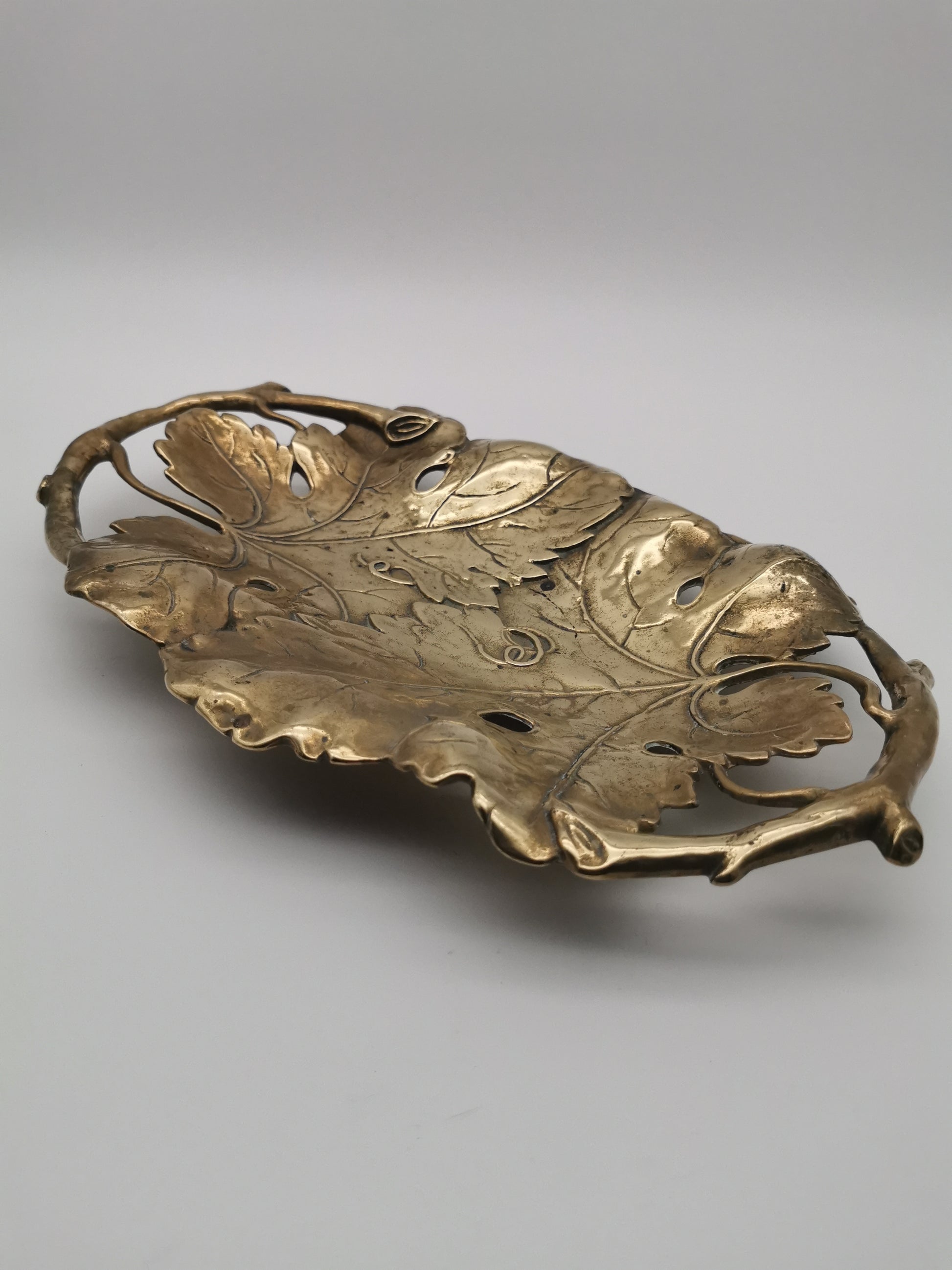 Vintage Solid Brass Footed Grape Leaves Tray