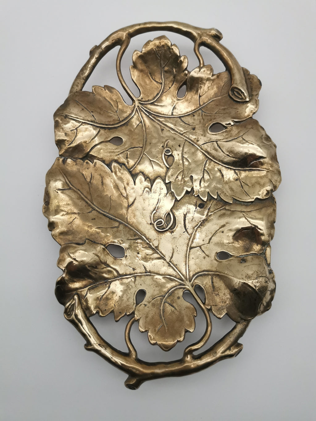 Vintage Solid Brass Footed Grape Leaves Tray