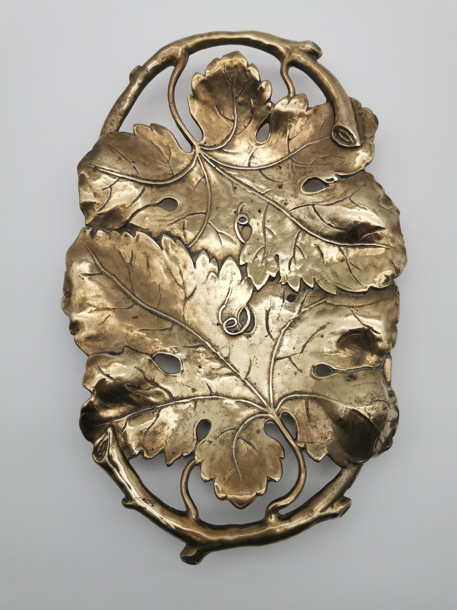 Vintage Solid Brass Footed Grape Leaves Tray