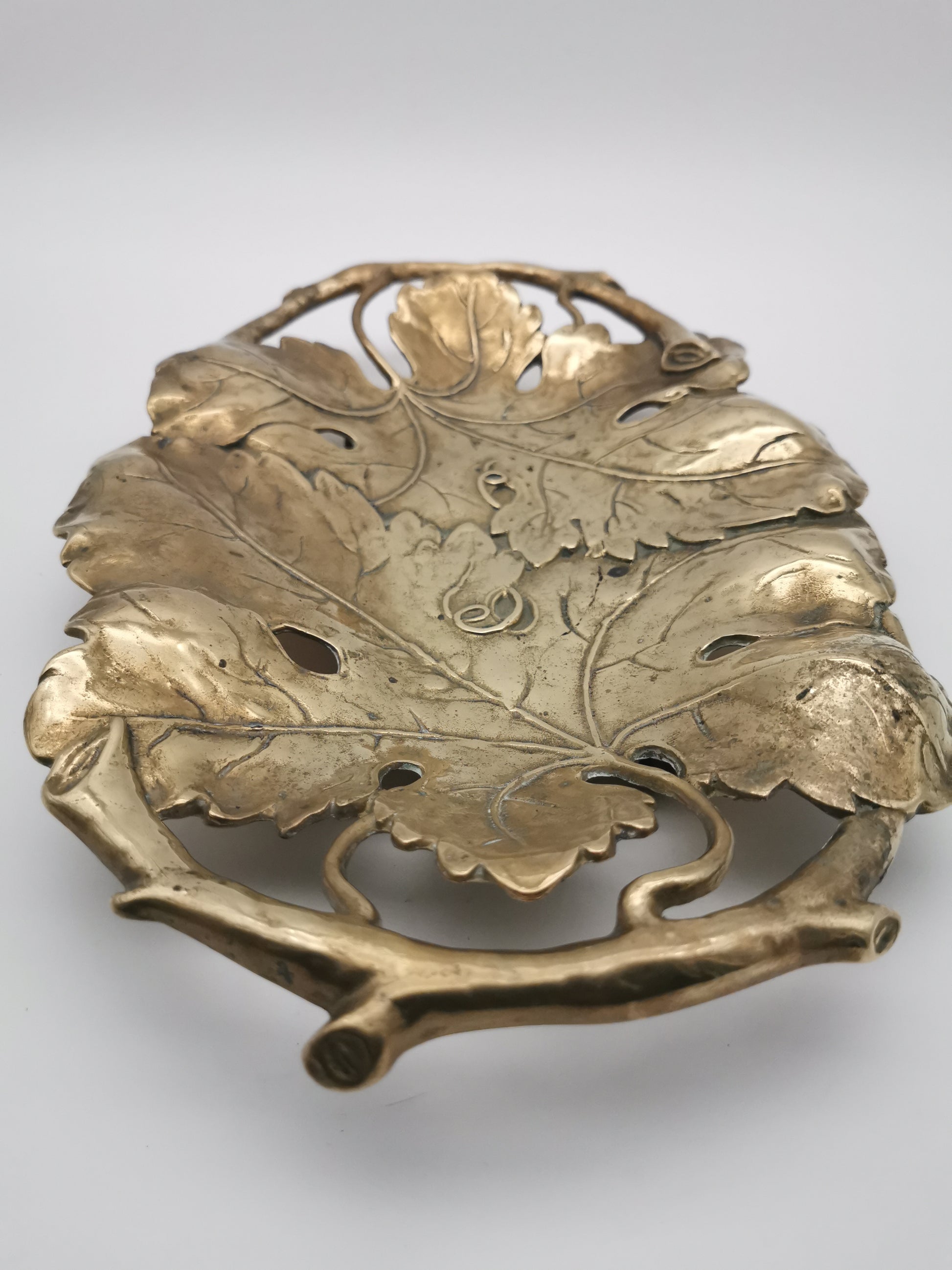 Vintage Solid Brass Footed Grape Leaves Tray