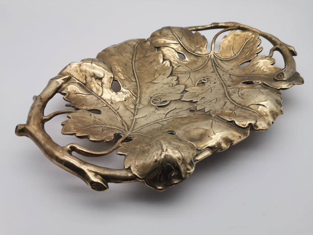 Vintage Solid Brass Footed Grape Leaves Tray