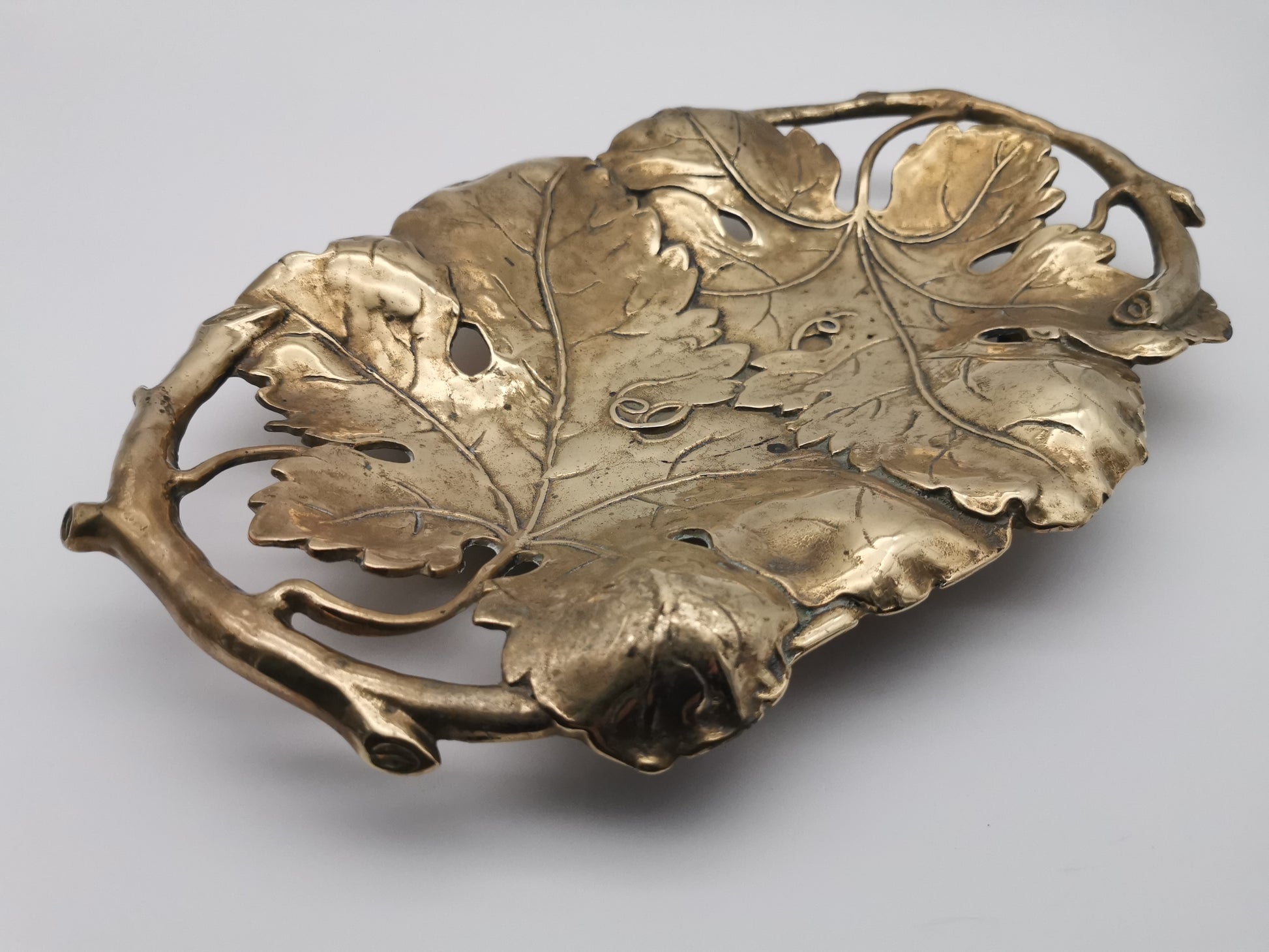 Vintage Solid Brass Footed Grape Leaves Tray