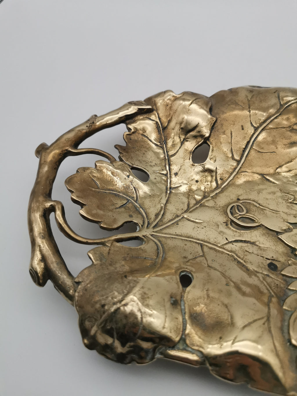 Vintage Solid Brass Footed Grape Leaves Tray