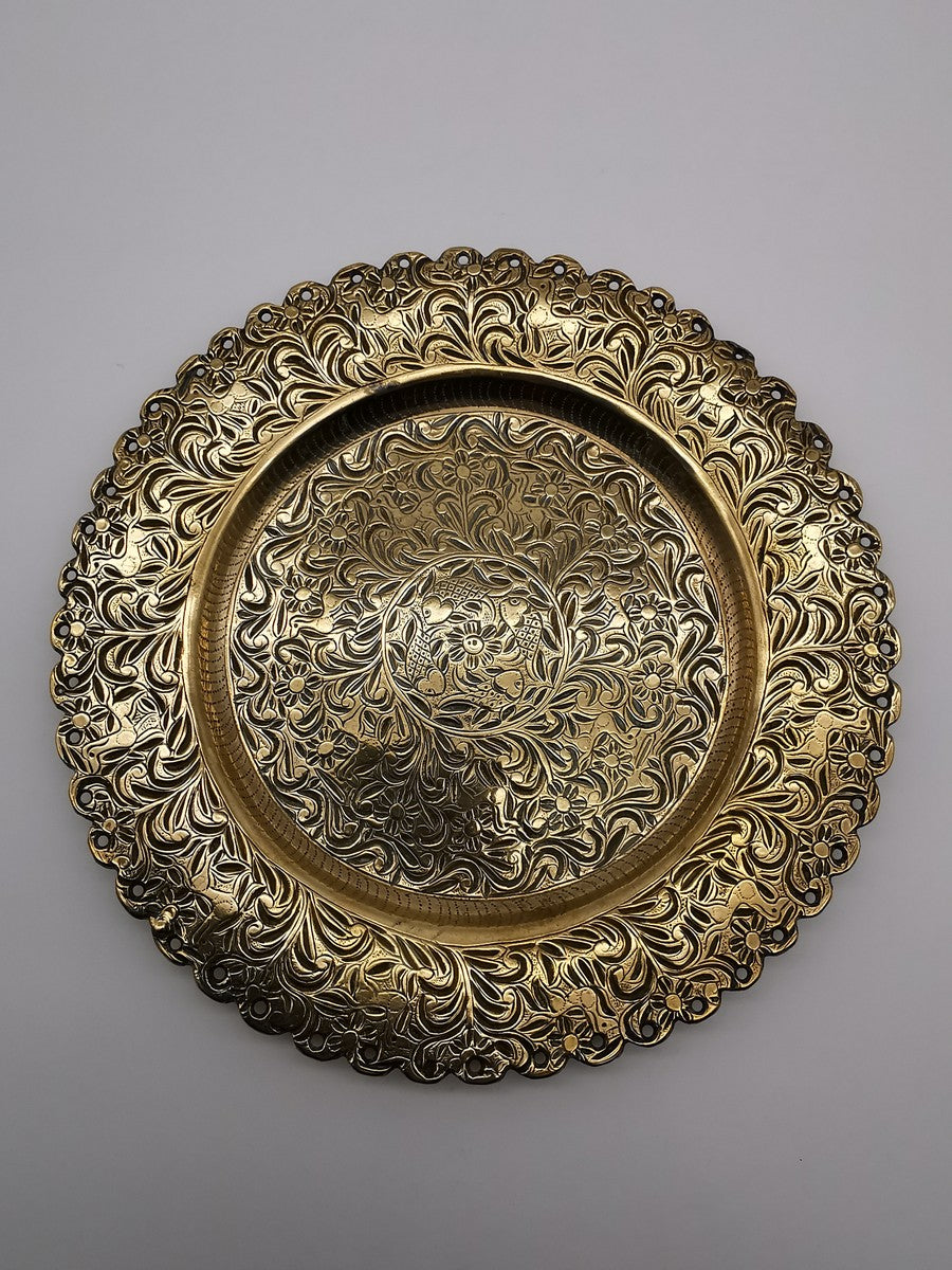 Ornate Brass Charger Plate – Hand-Engraved Floral Motif and Scalloped Edge Decor