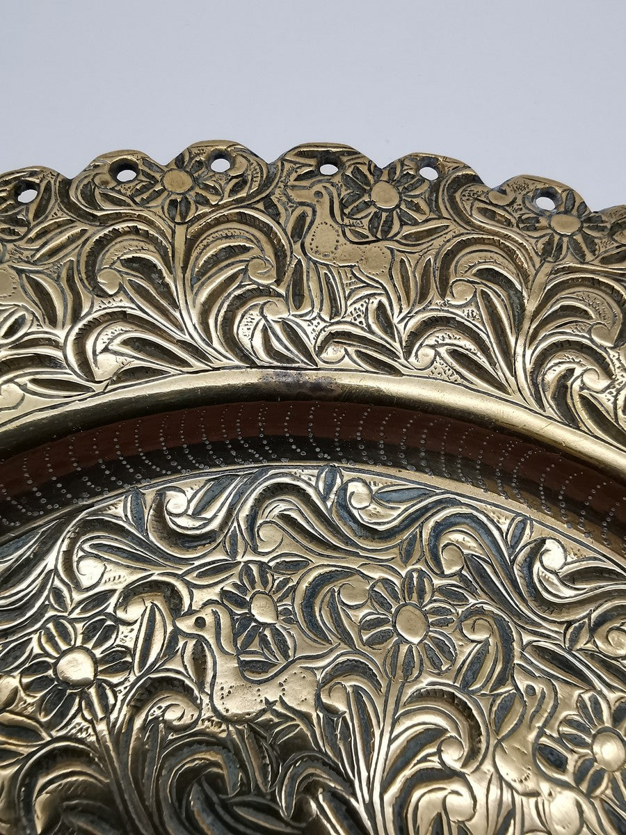 Ornate Brass Charger Plate – Hand-Engraved Floral Motif and Scalloped Edge Decor