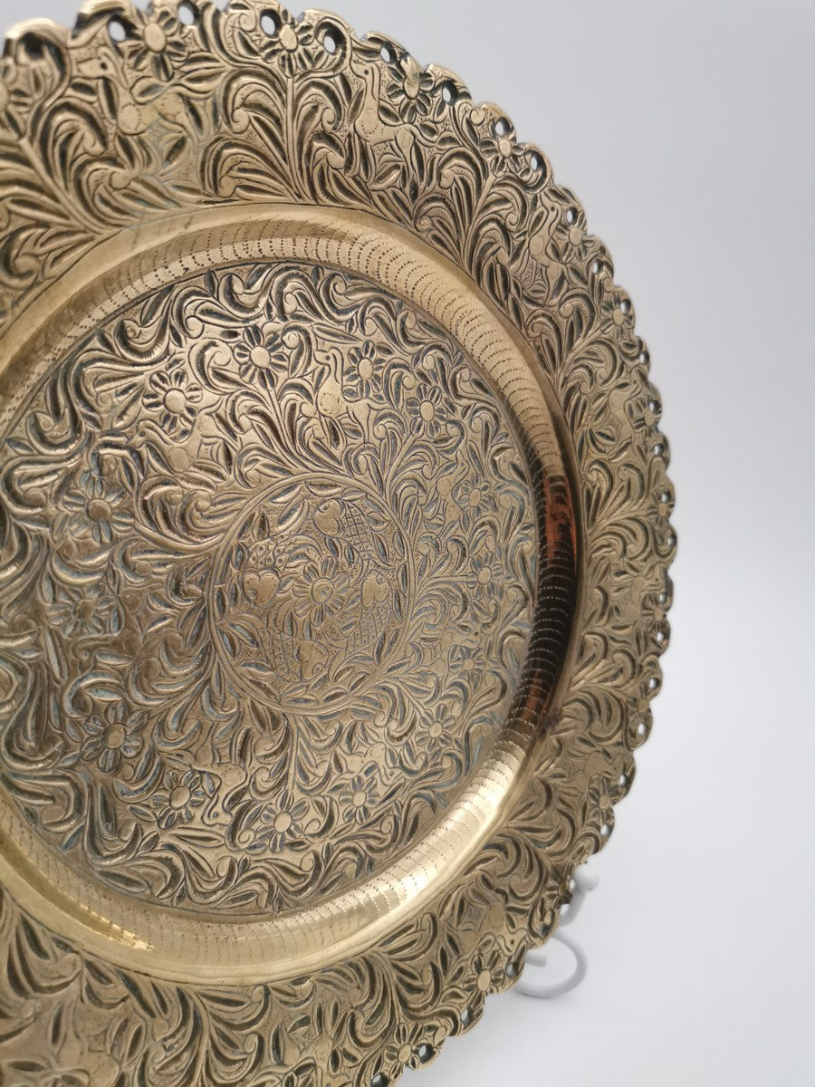 Ornate Brass Charger Plate – Hand-Engraved Floral Motif and Scalloped Edge Decor