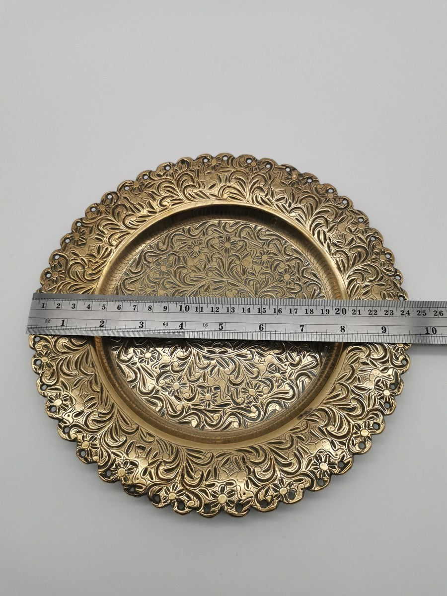 Ornate Brass Charger Plate – Hand-Engraved Floral Motif and Scalloped Edge Decor