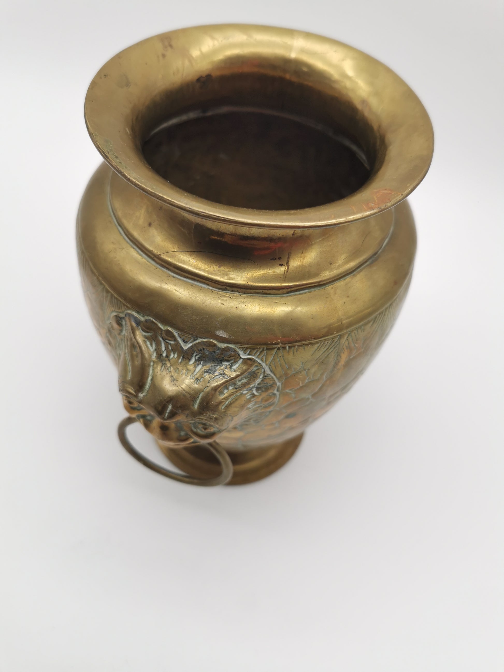 Vintage Brass Lion Heads/Foo Dogs Urn Vase