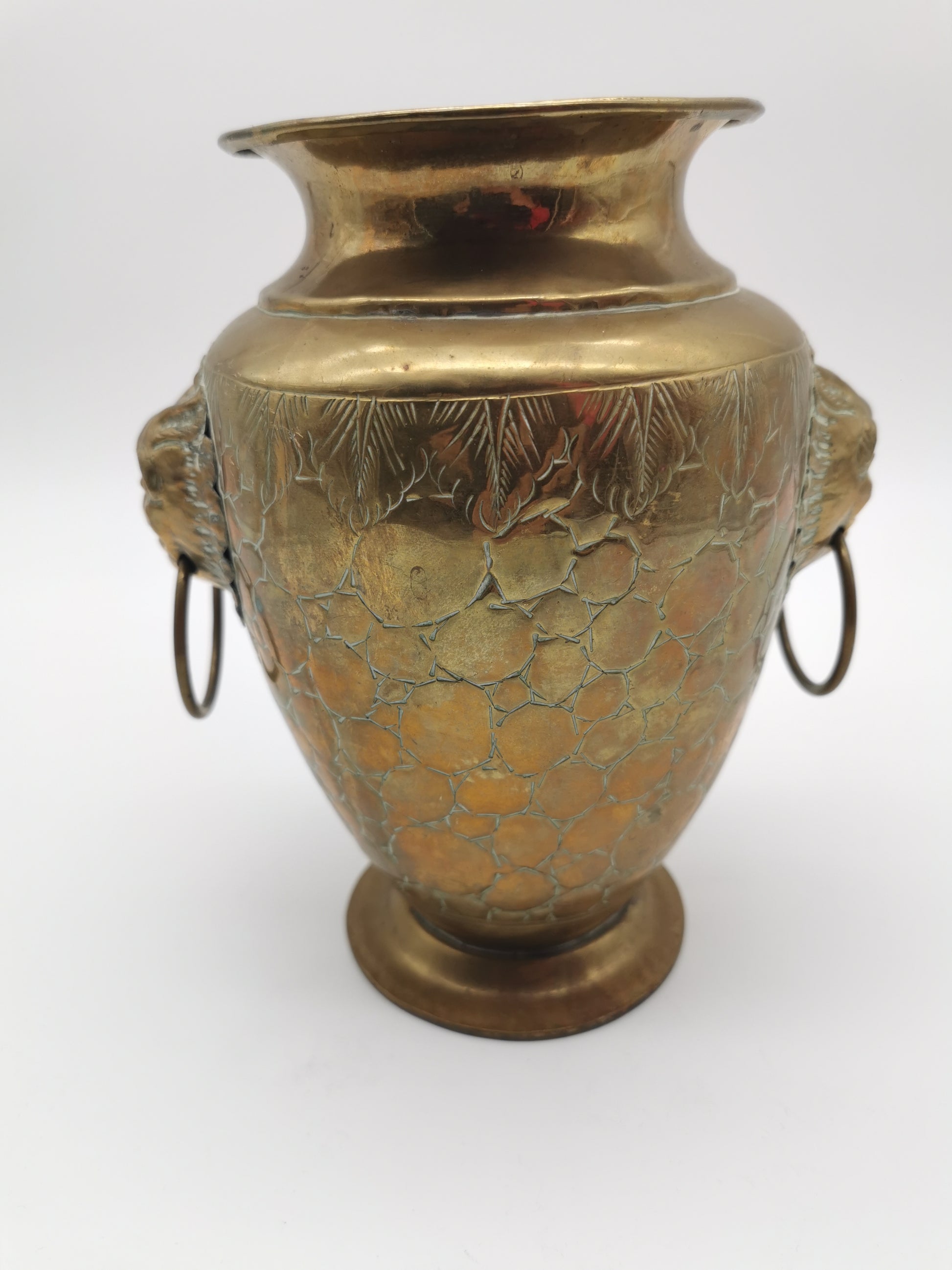 Vintage Brass Lion Heads/Foo Dogs Urn Vase