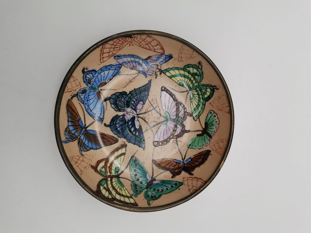 Vintage Chinese Hand-Painted Butterfly Porcelain Wall Plate encased in Brass