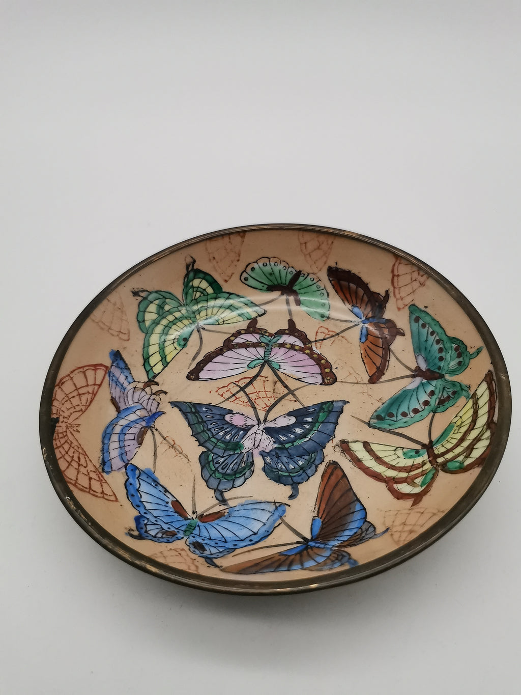 Vintage Chinese Hand-Painted Butterfly Porcelain Wall Plate encased in Brass