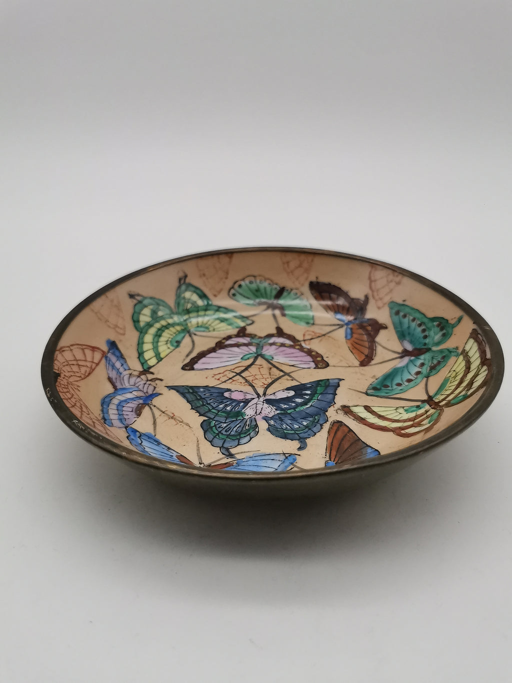 Vintage Chinese Hand-Painted Butterfly Porcelain Wall Plate encased in Brass